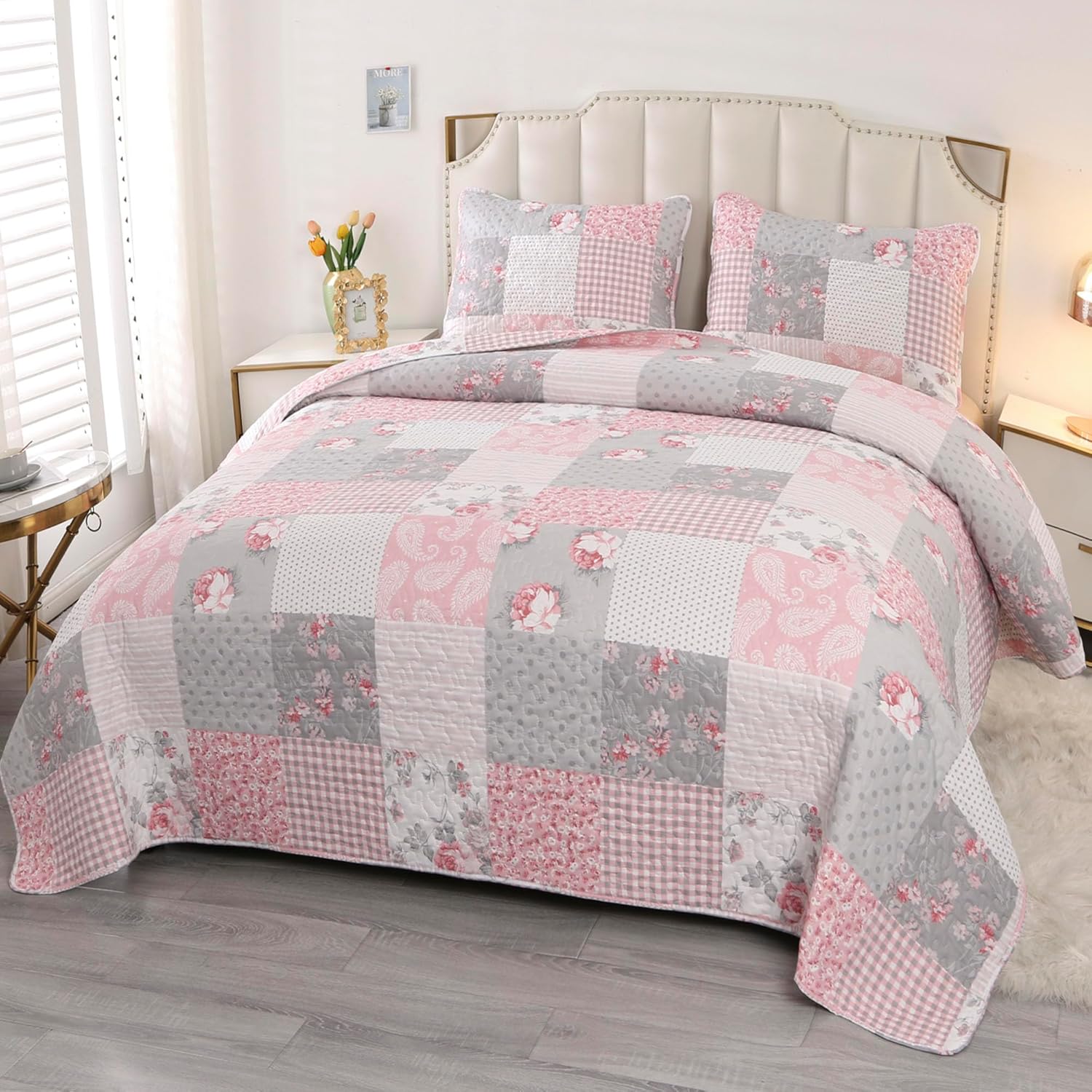 VIVILINEN Pink Full Queen Quilt Set Reversible