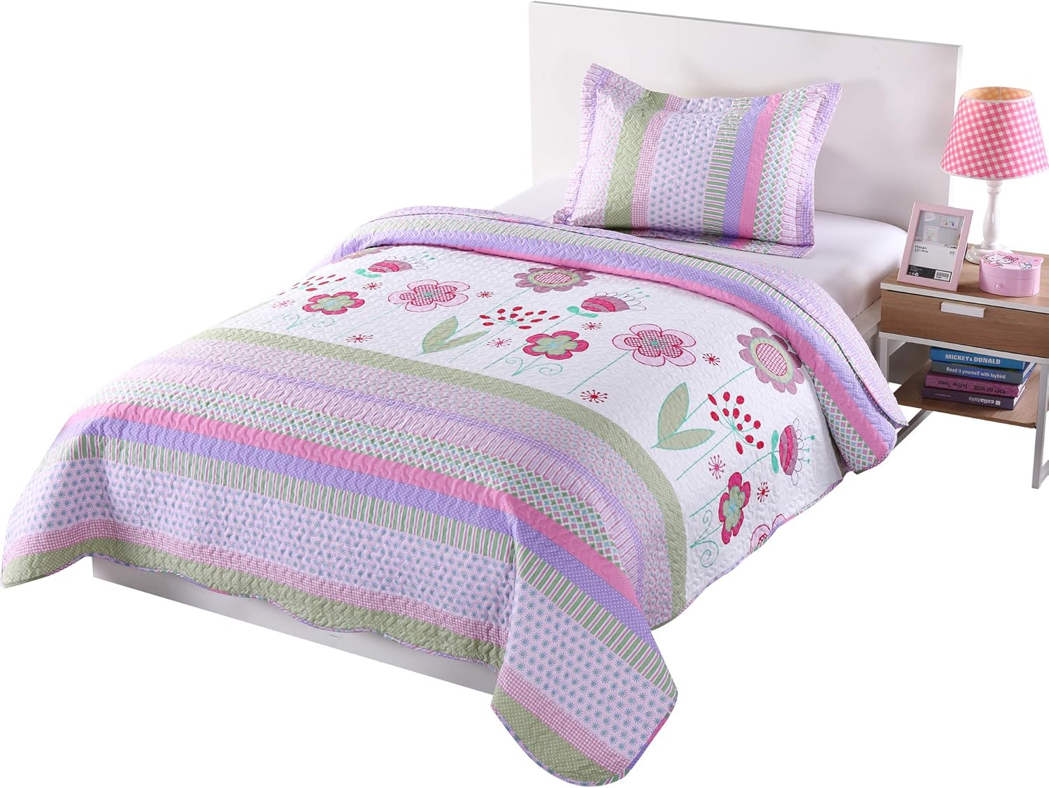 MarCielo 2 Piece Kids Quilt Set Throw Blanket Purple Floral Striped