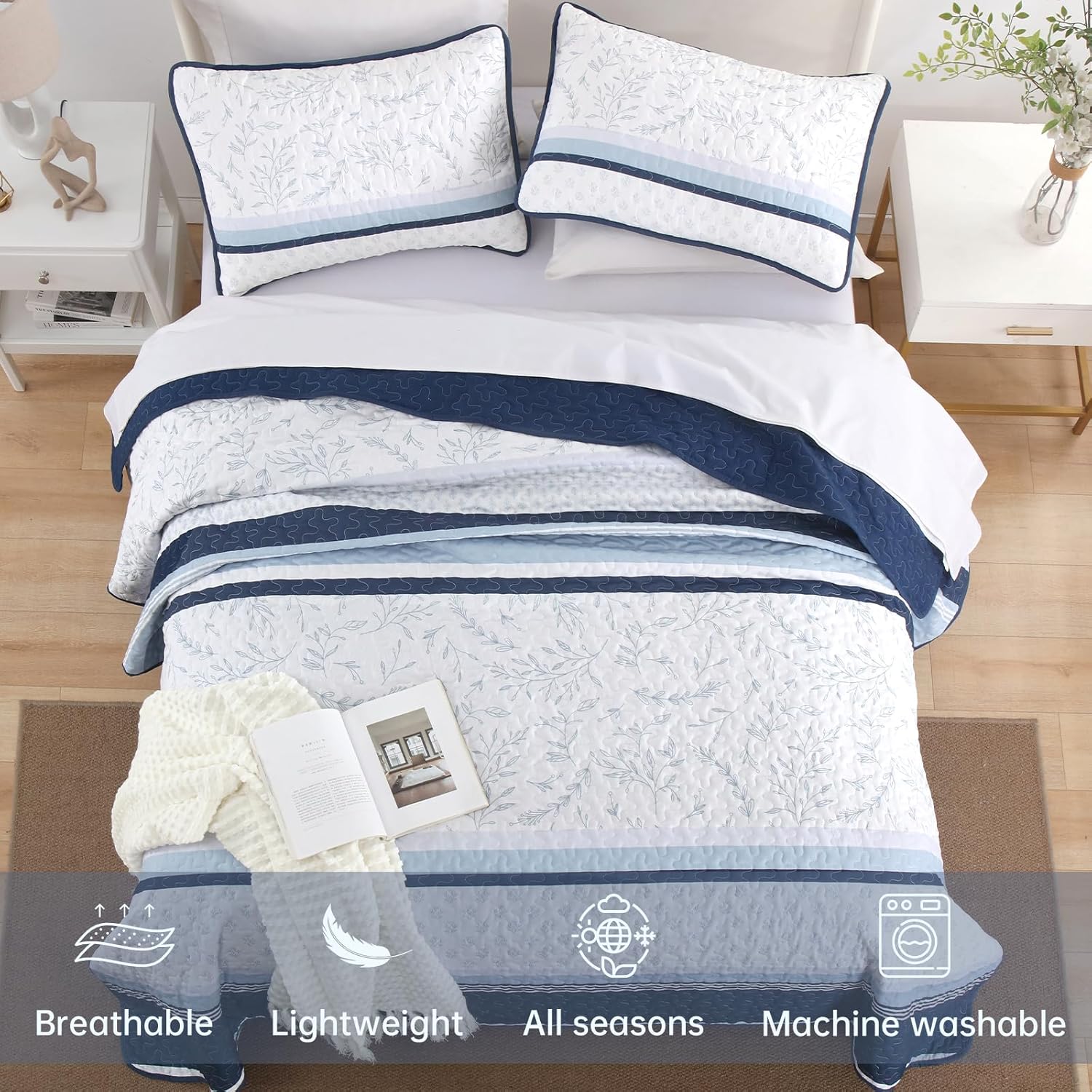 DJY Striped Quilt Set Queen Size Navy Blue