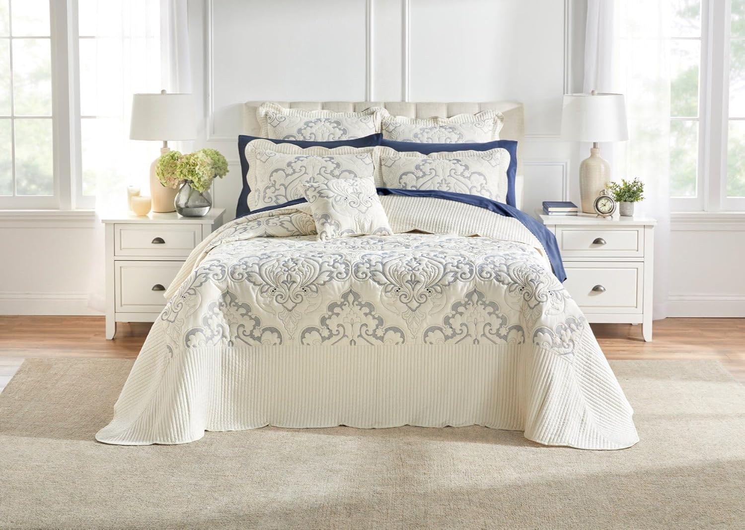 BrylaneHome Ultra Soft Queen Bedspread - Ivory Navy
