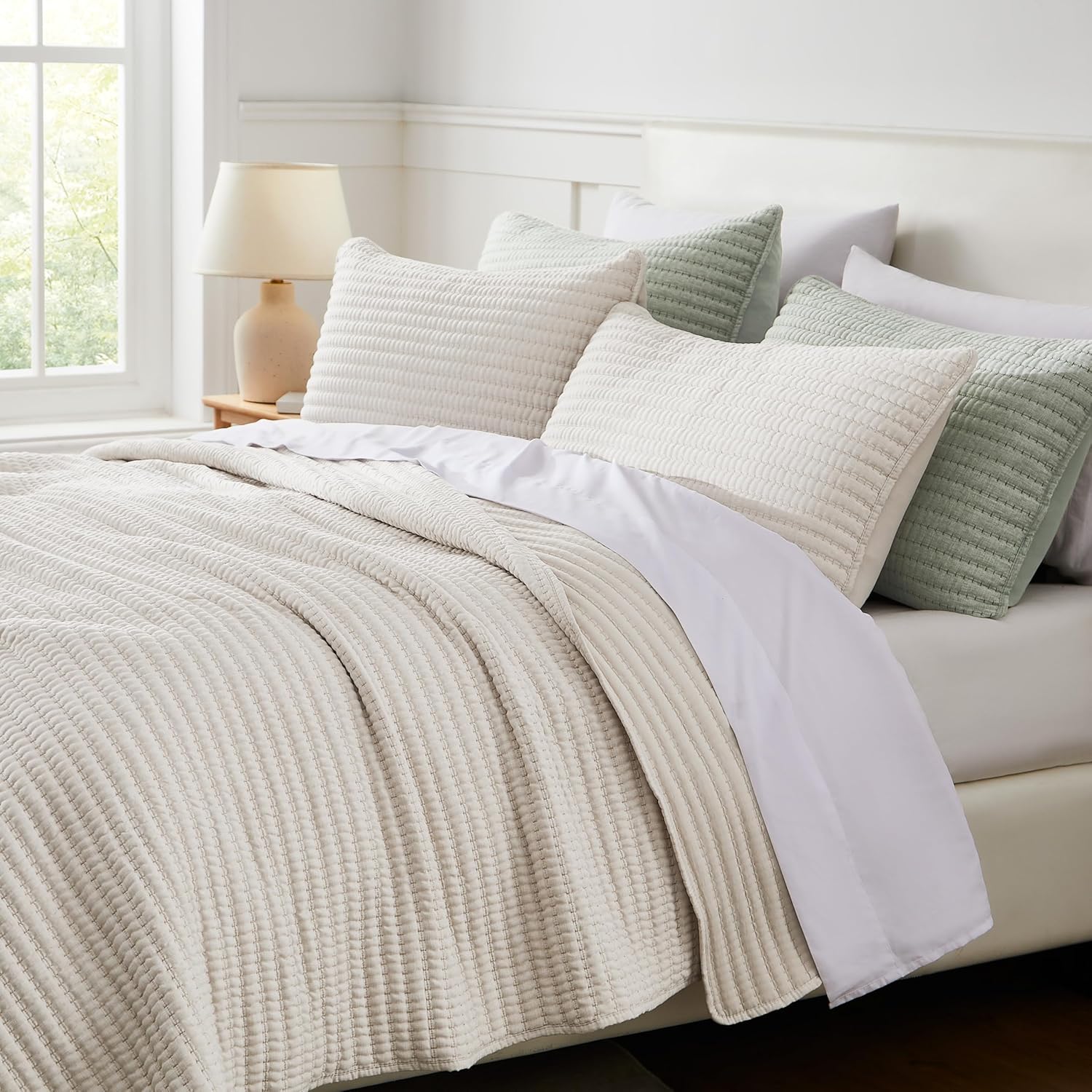 WDCOZY Beige Pick Stitch Queen Quilt Set