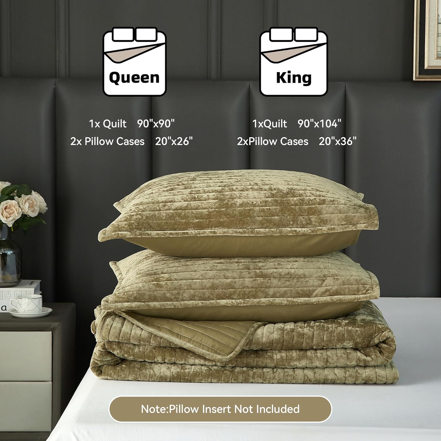 Weigelia Velvet Quilt Set Olive Green Striped Queen Size