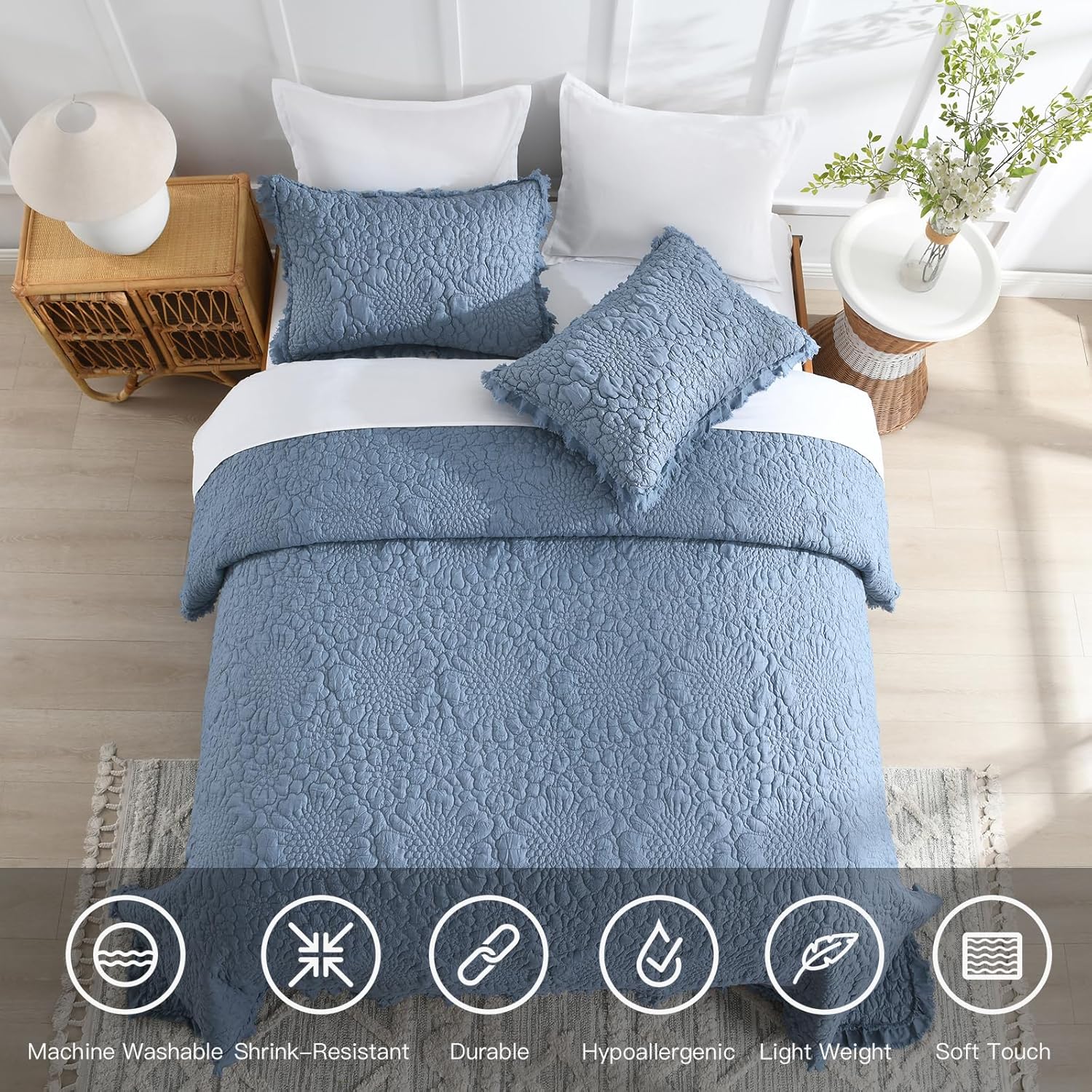 HORIMOTE HOME Blue Ruffled Quilt Set Queen Size 3 Piece