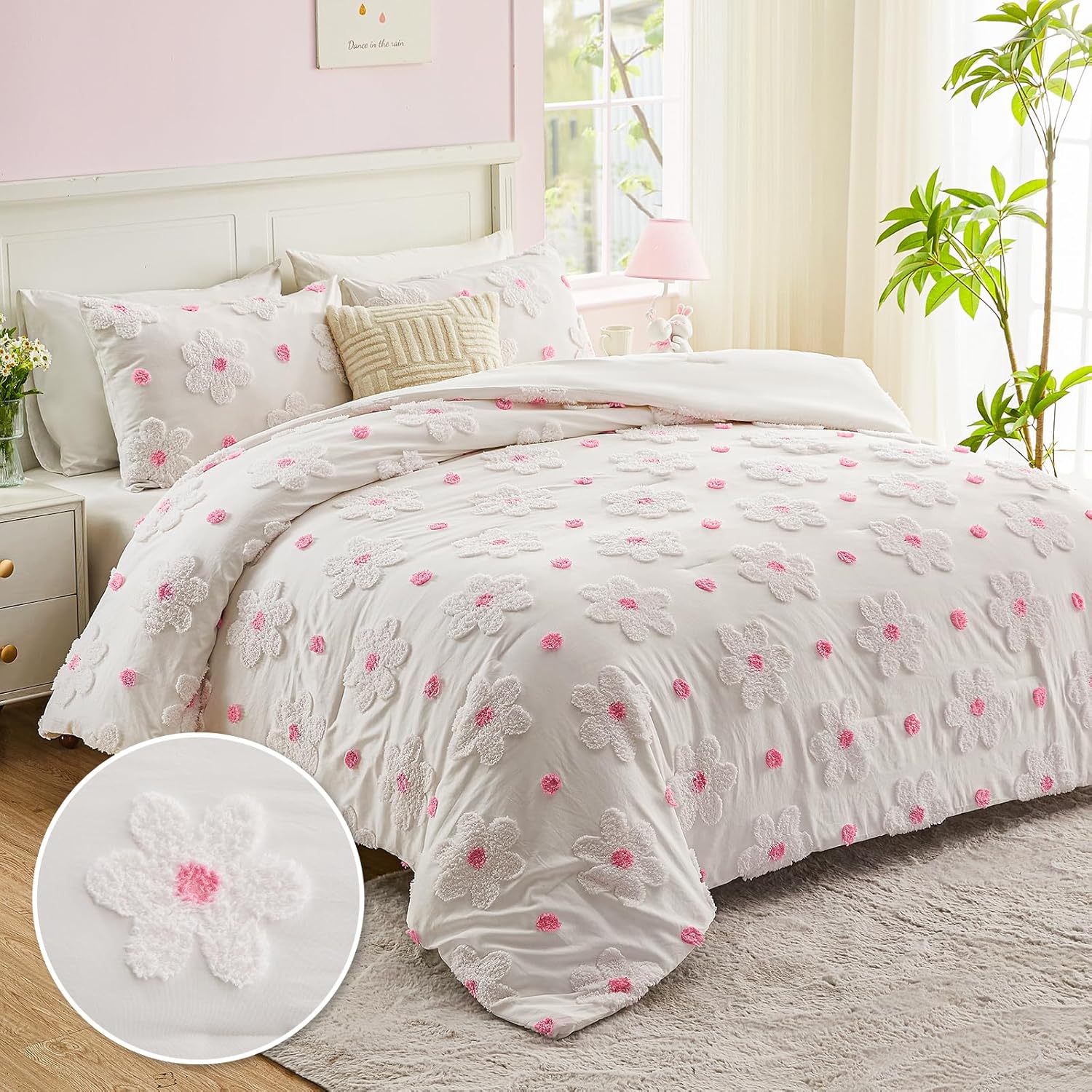 VIVILINEN Pink Floral Comforter Set for Girls 3-Piece