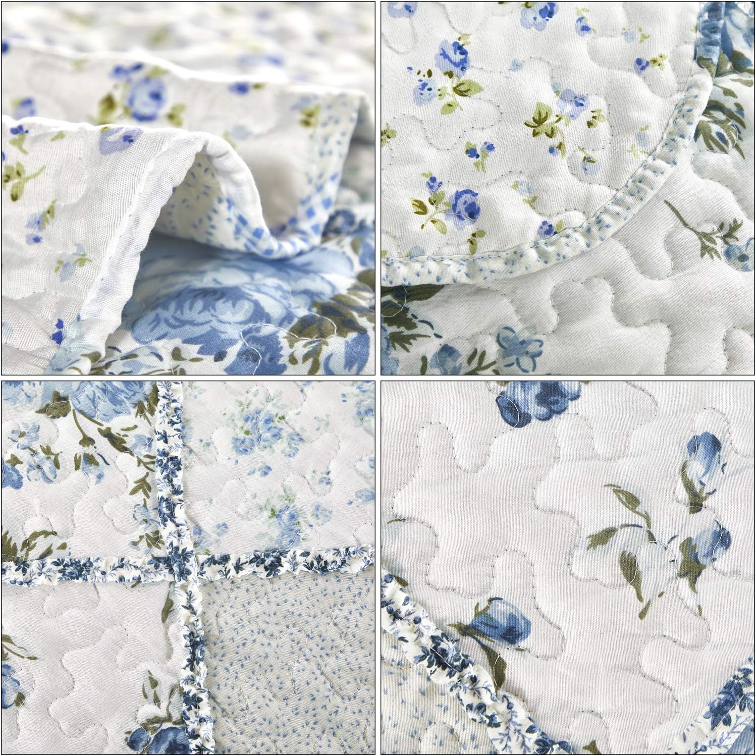 VIVILINEN Blue Floral Patchwork Quilt Set King Size Reversible