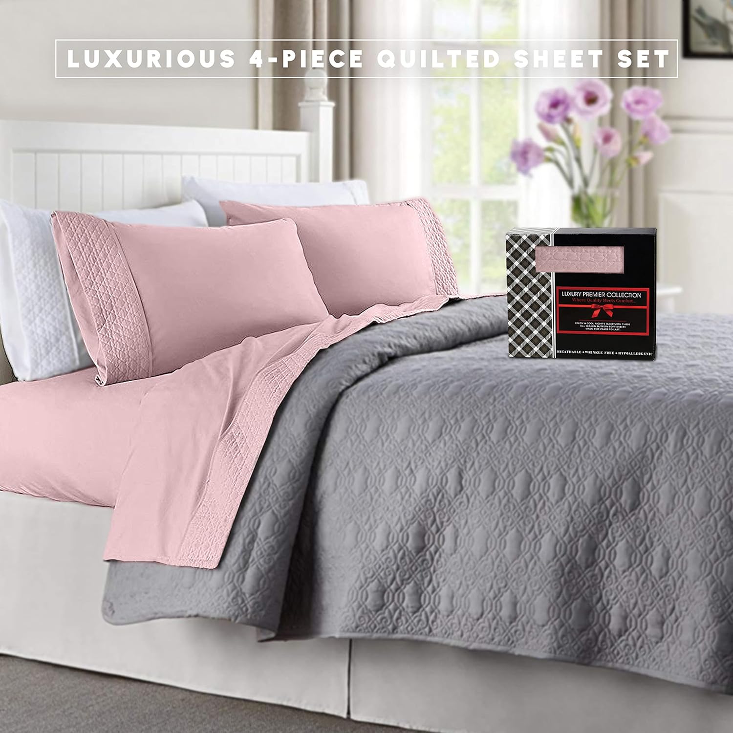 Elegant Comfort 4-Piece Quilted Bed Sheet Set - Dusty Rose