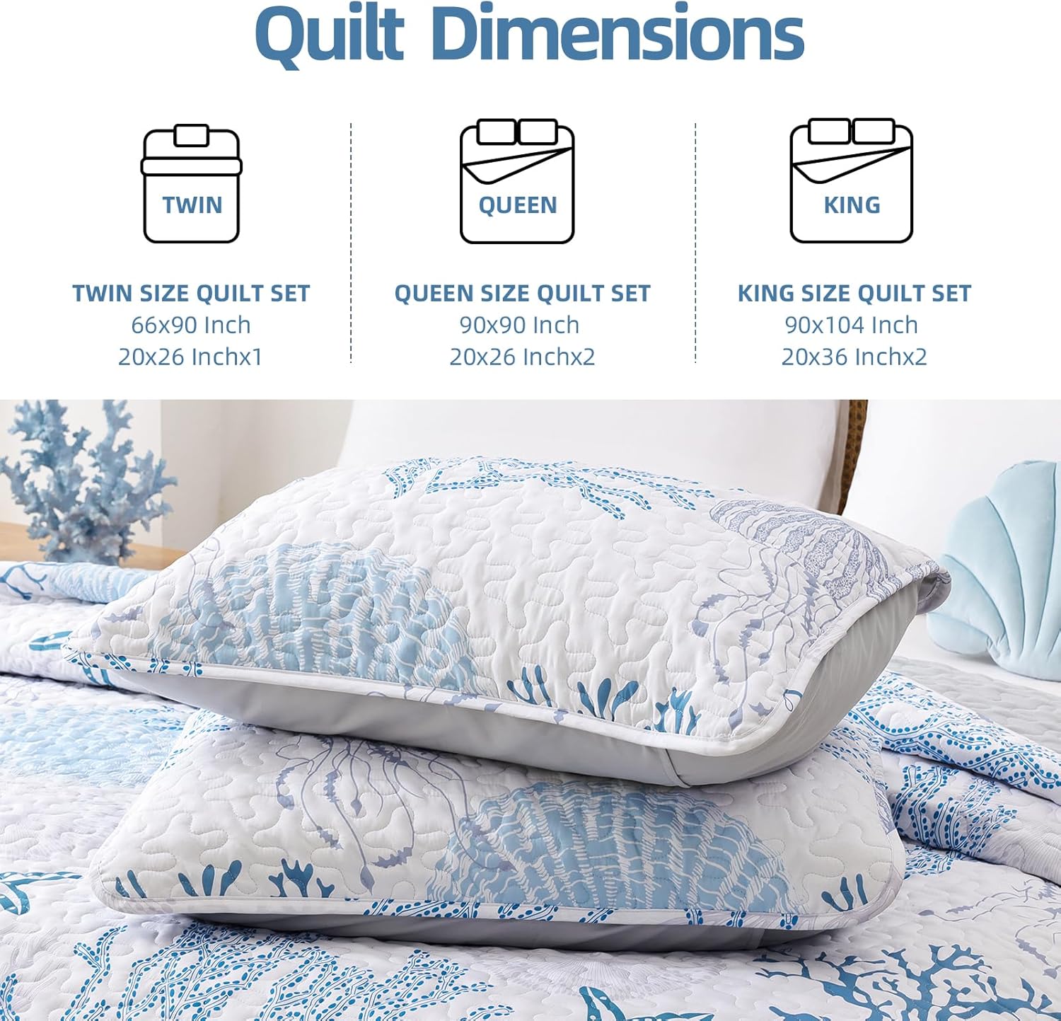 Weigelia Coastal Quilts Queen Bedding Set - Blue Nautical Comforter with Pillow Cases