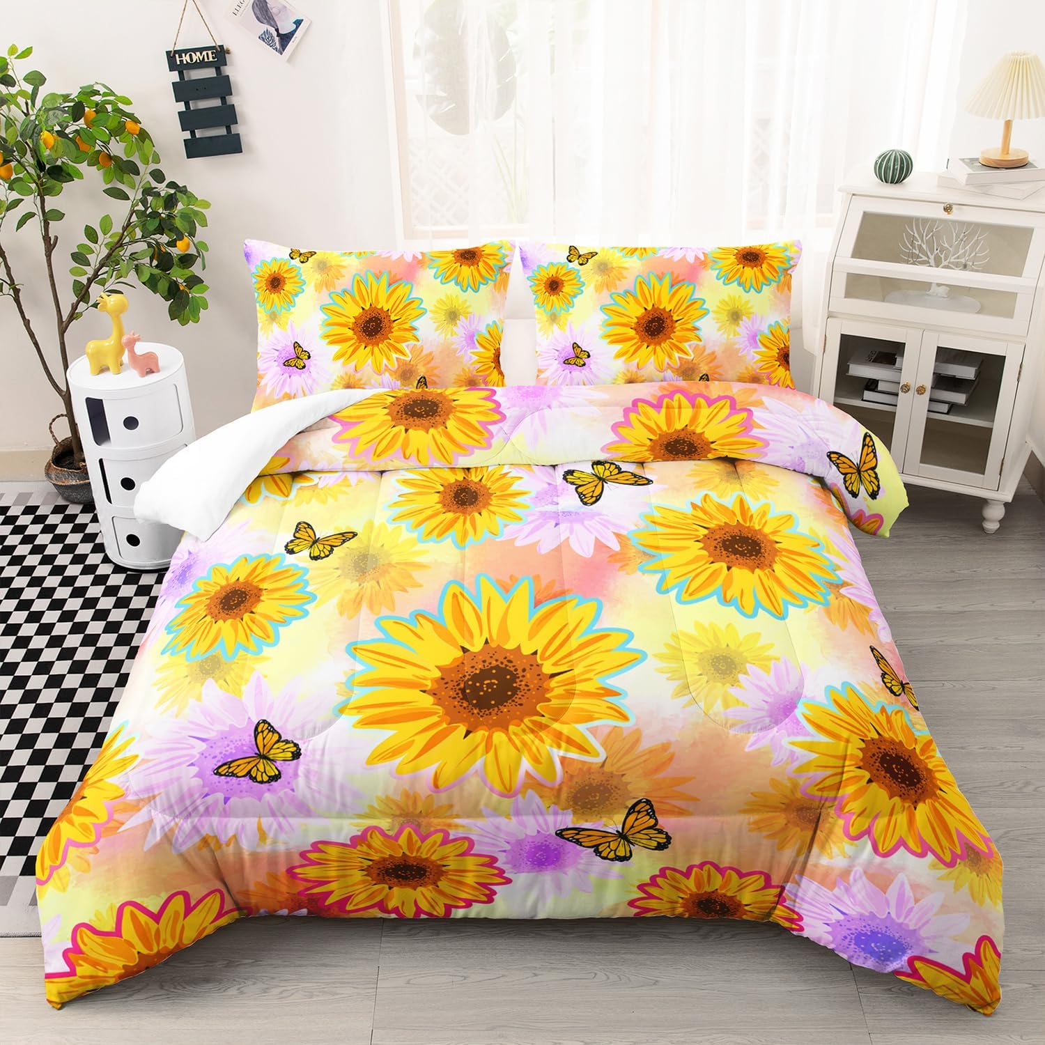 XYNHML Sunflower Butterfly Comforter Set Full Size Yellow Tie Dye