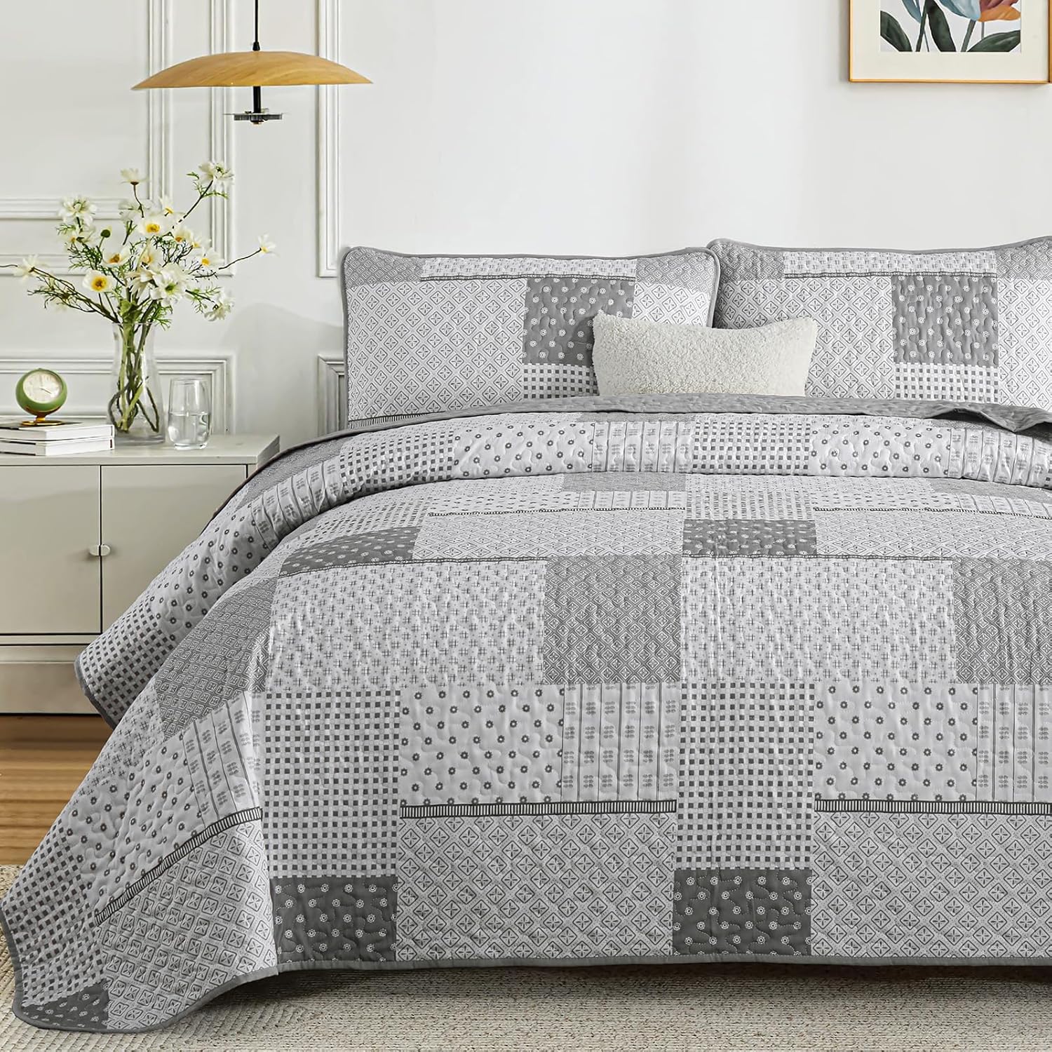 WONGS BEDDING 3 Piece Quilt Set Queen Size Grey