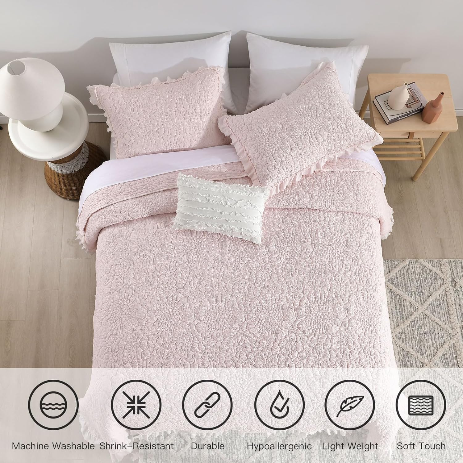 HORIMOTE HOME Pink Ruffled Quilt Set Twin Size 1
