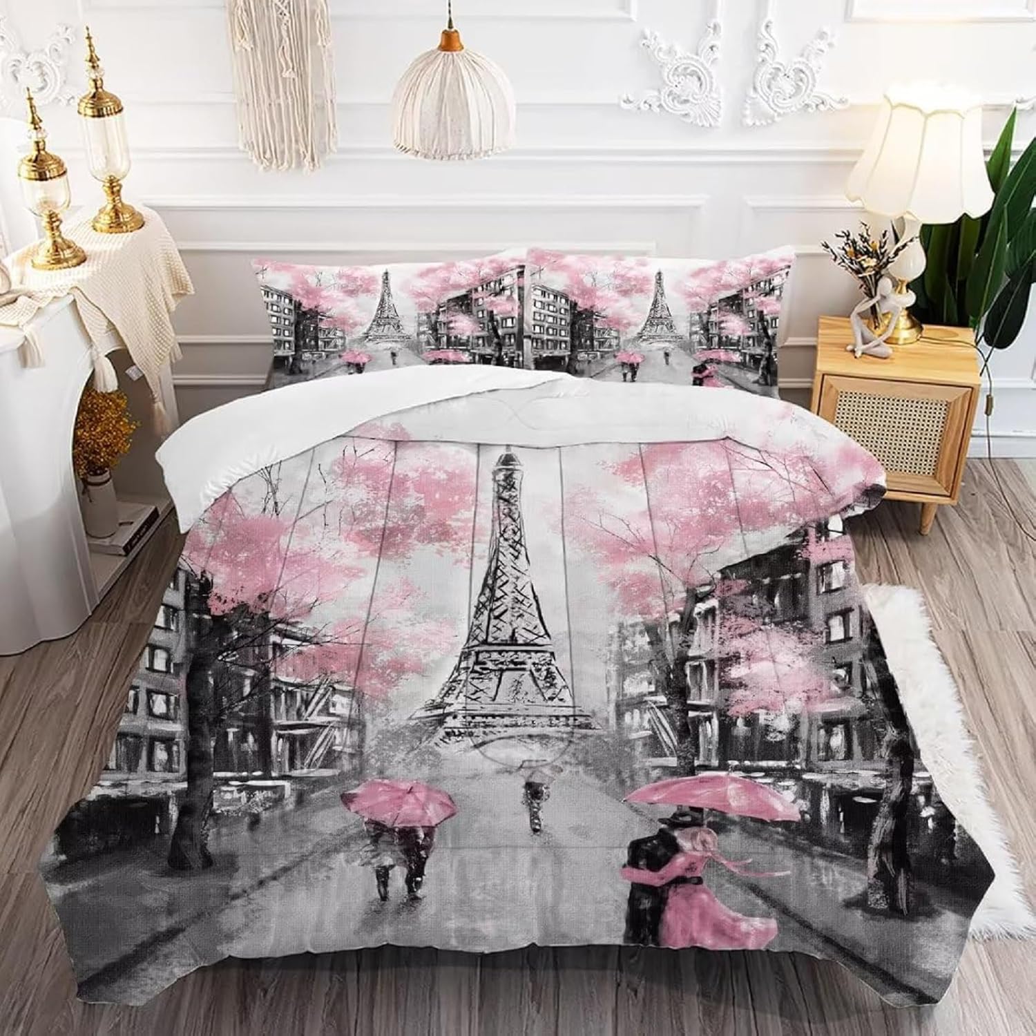 Pink Paris Eiffel Tower Comforter Set for Girls Women Kids