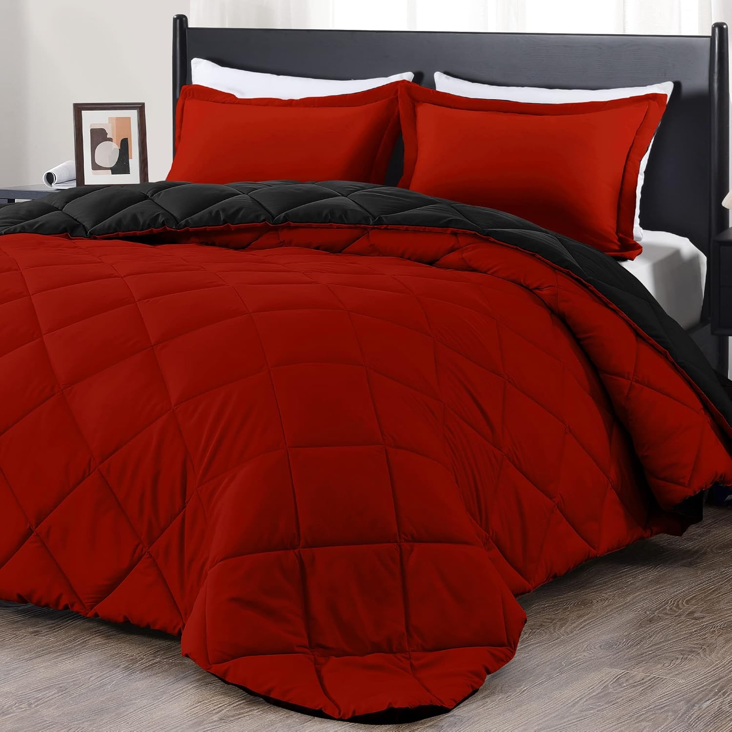Downluxe King Size Comforter Set - Red and Black 3 Piece