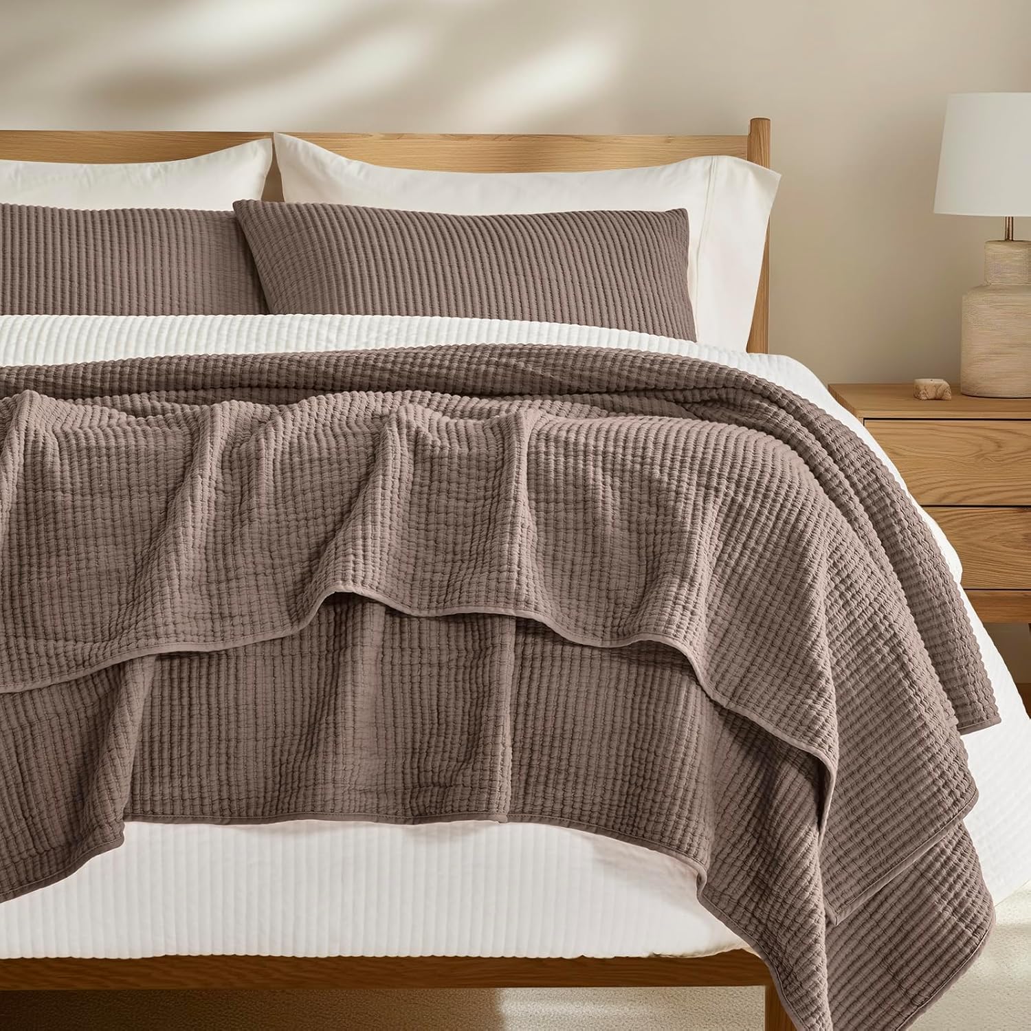 EVERGRACEHOME Cotton Coverlet Set Full Queen 3 Piece Mocha Brown