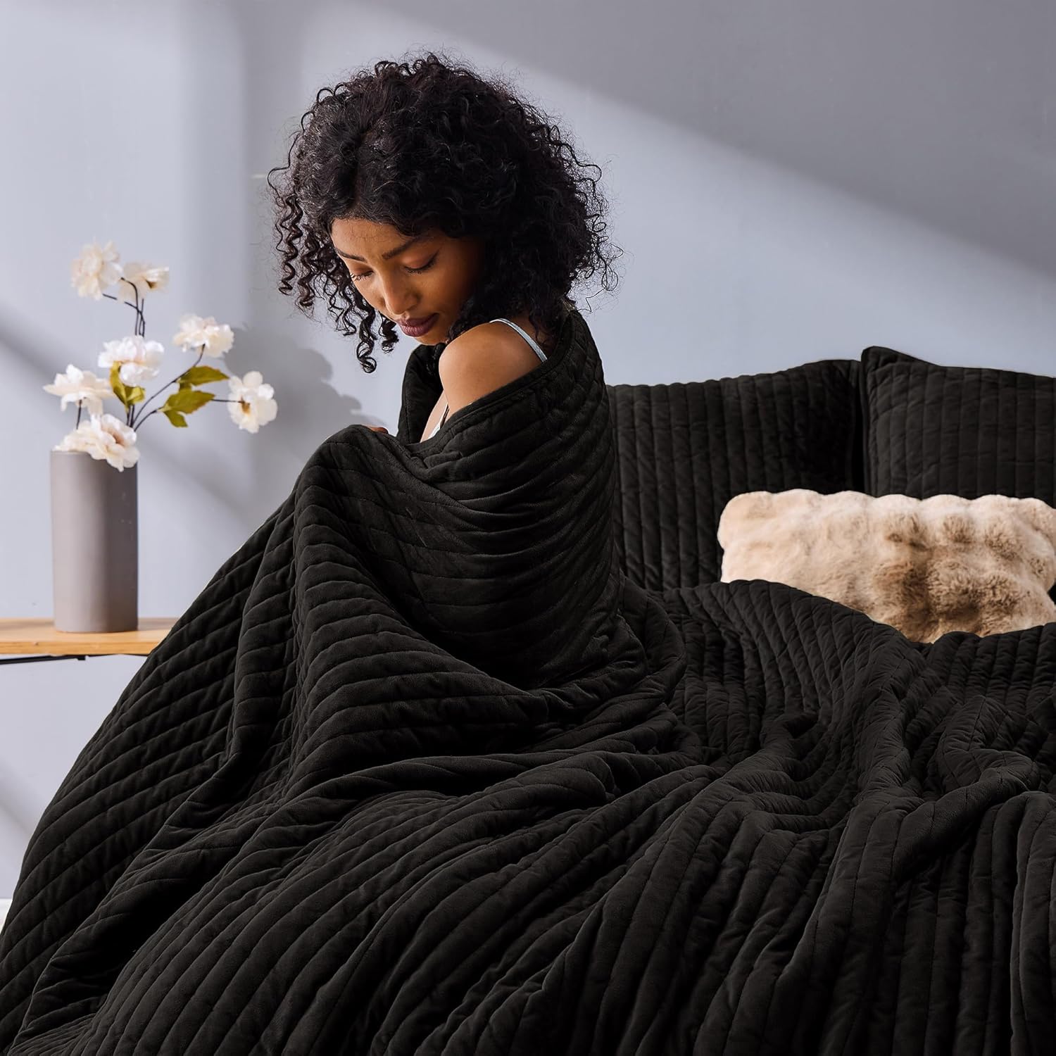 SHALALA Velvet Quilt King Size Set Dark Brown 3-Piece