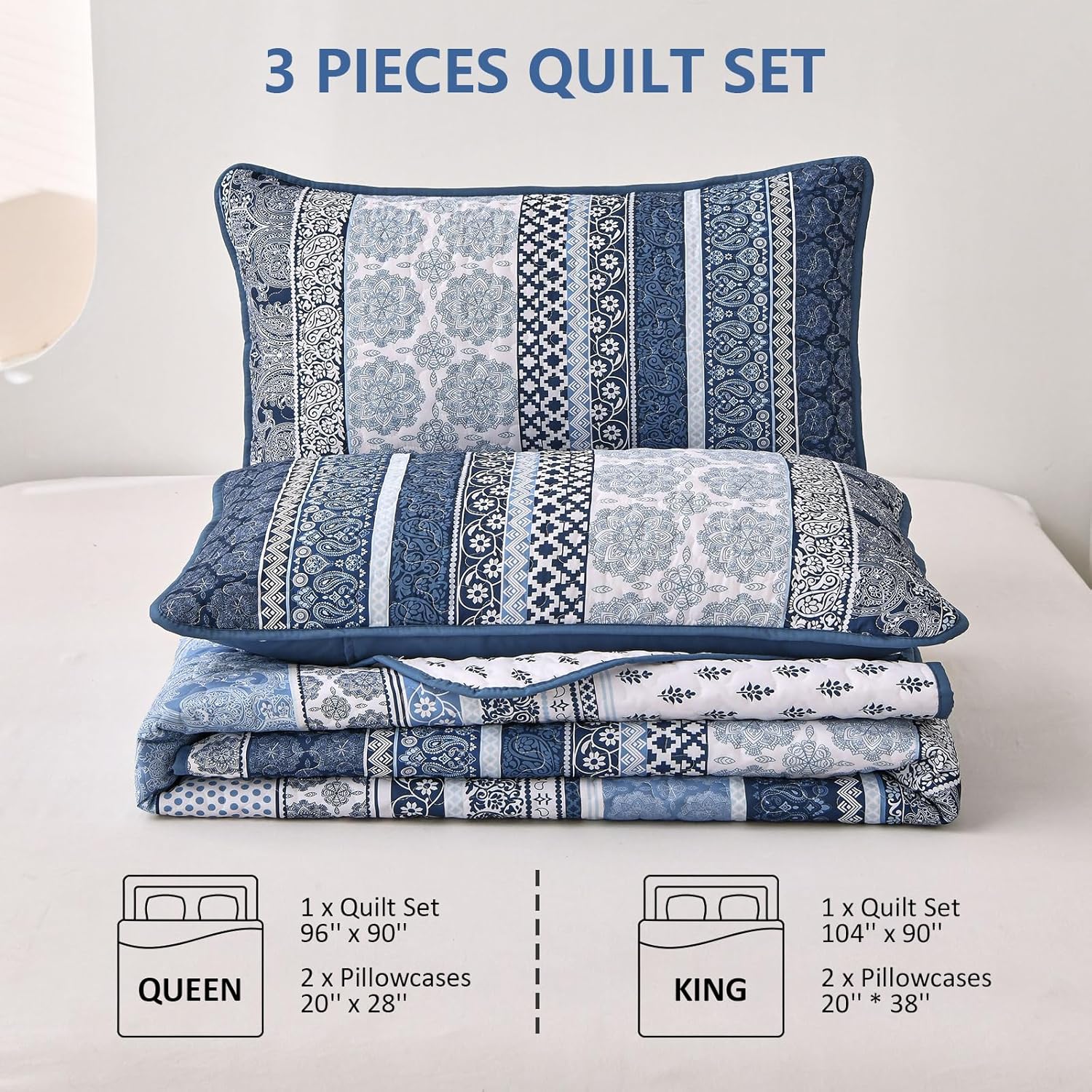 WONGS BEDDING Navy Blue Boho Queen Quilt Set 3pcs