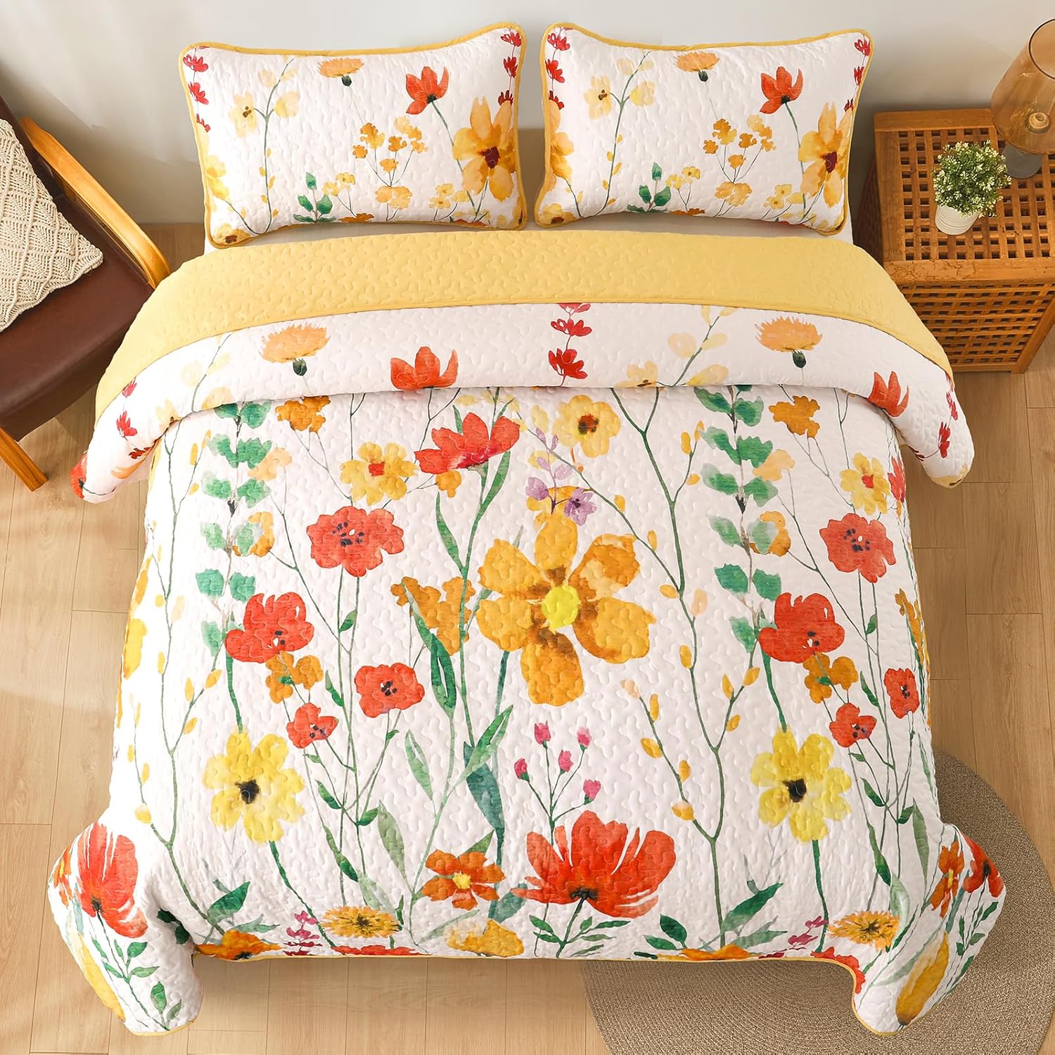 Anibedding Yellow Floral Quilt Set King Size