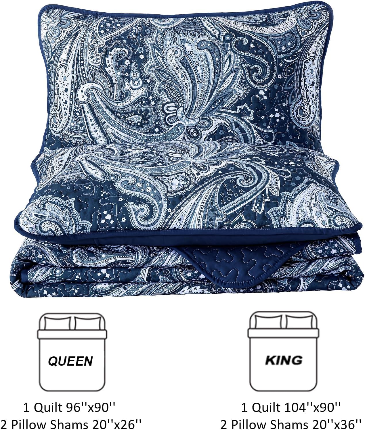 DJY Navy Paisley Quilt Set 3 Pieces King Size