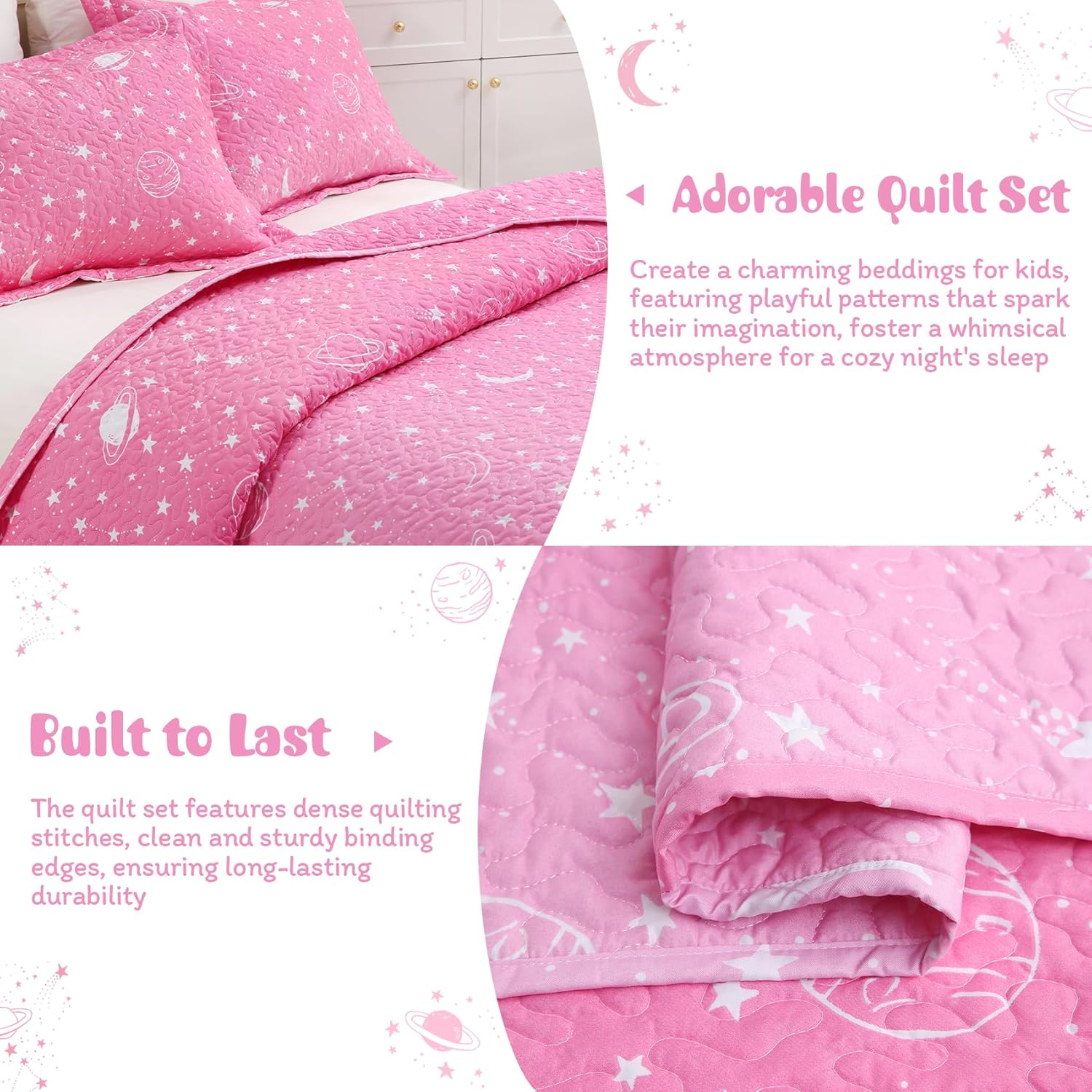 JSD Gradient Pink Stars Kids Quilt Set Full Queen Space Theme