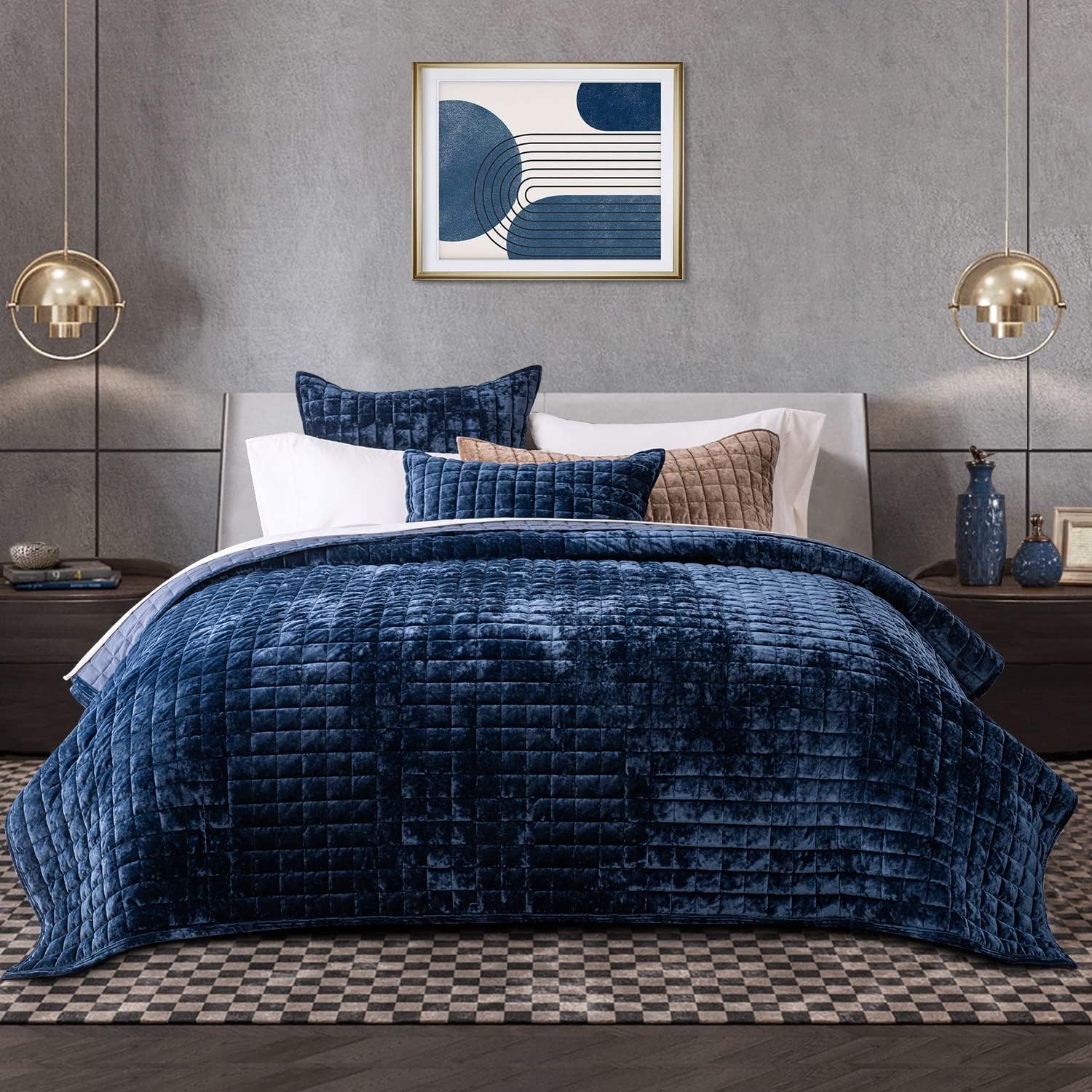 RECYCO Luxury Velvet Quilt Set King Size Navy Blue 1