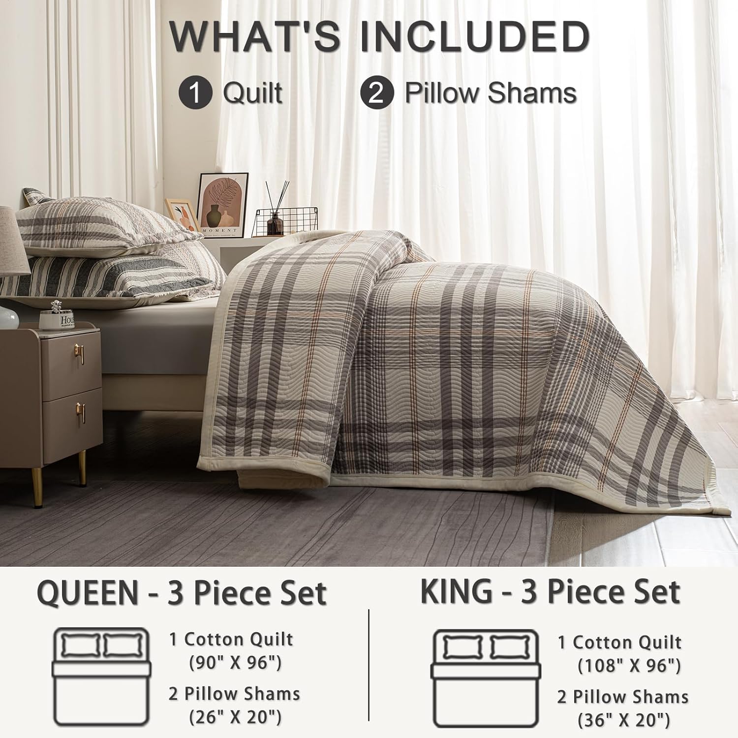 Tohrisa Cotton Plaid Quilt Set - 3 Piece King Size Reversible Bedding