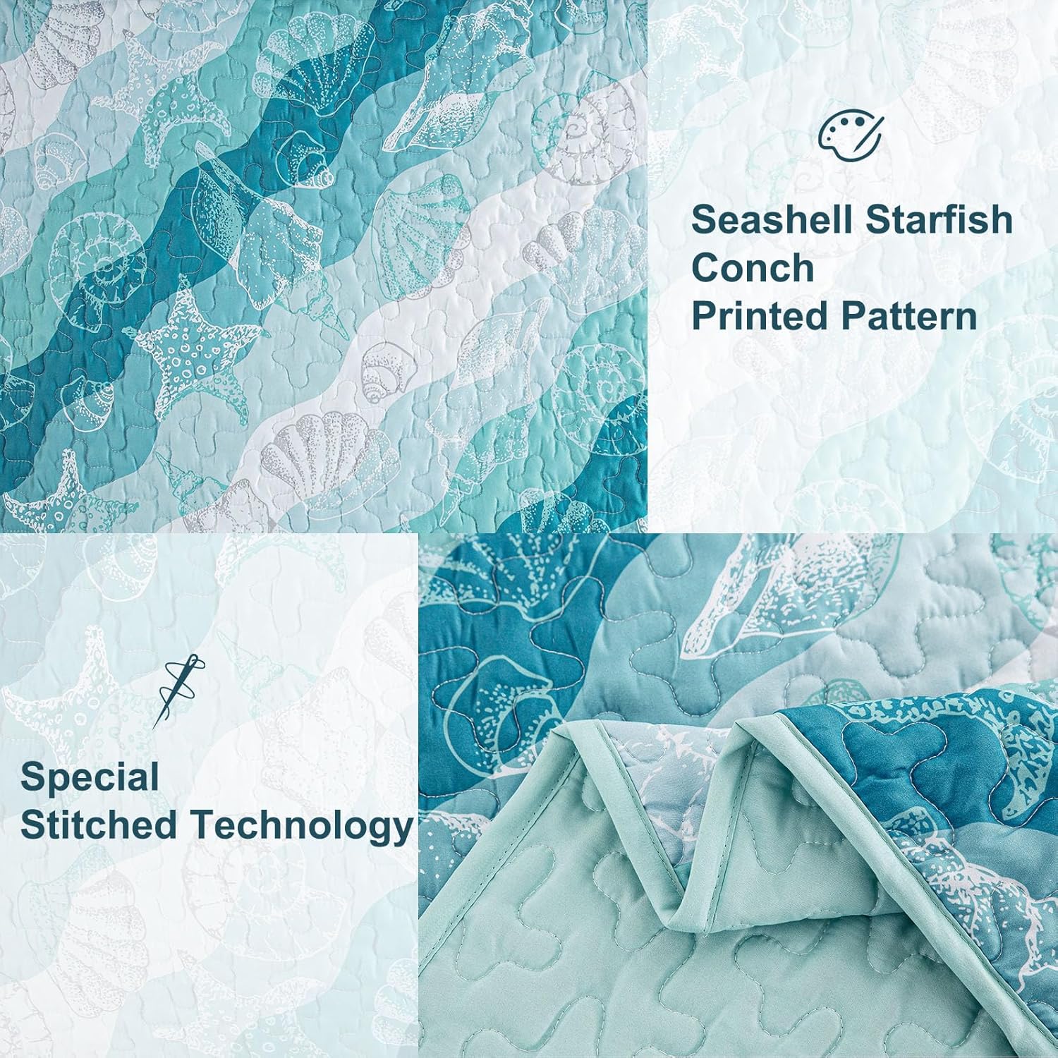 Dinjoy Coastal Blue Green Queen Quilt Set