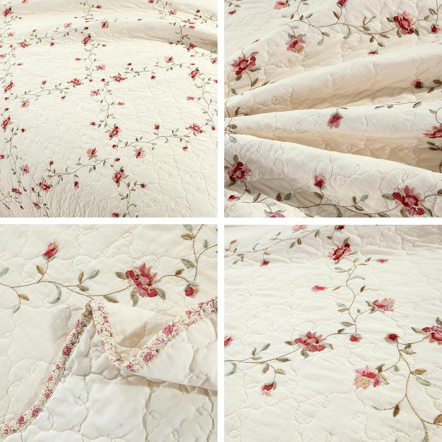 Vctops 3-Piece Floral Embroidered Quilt Set
