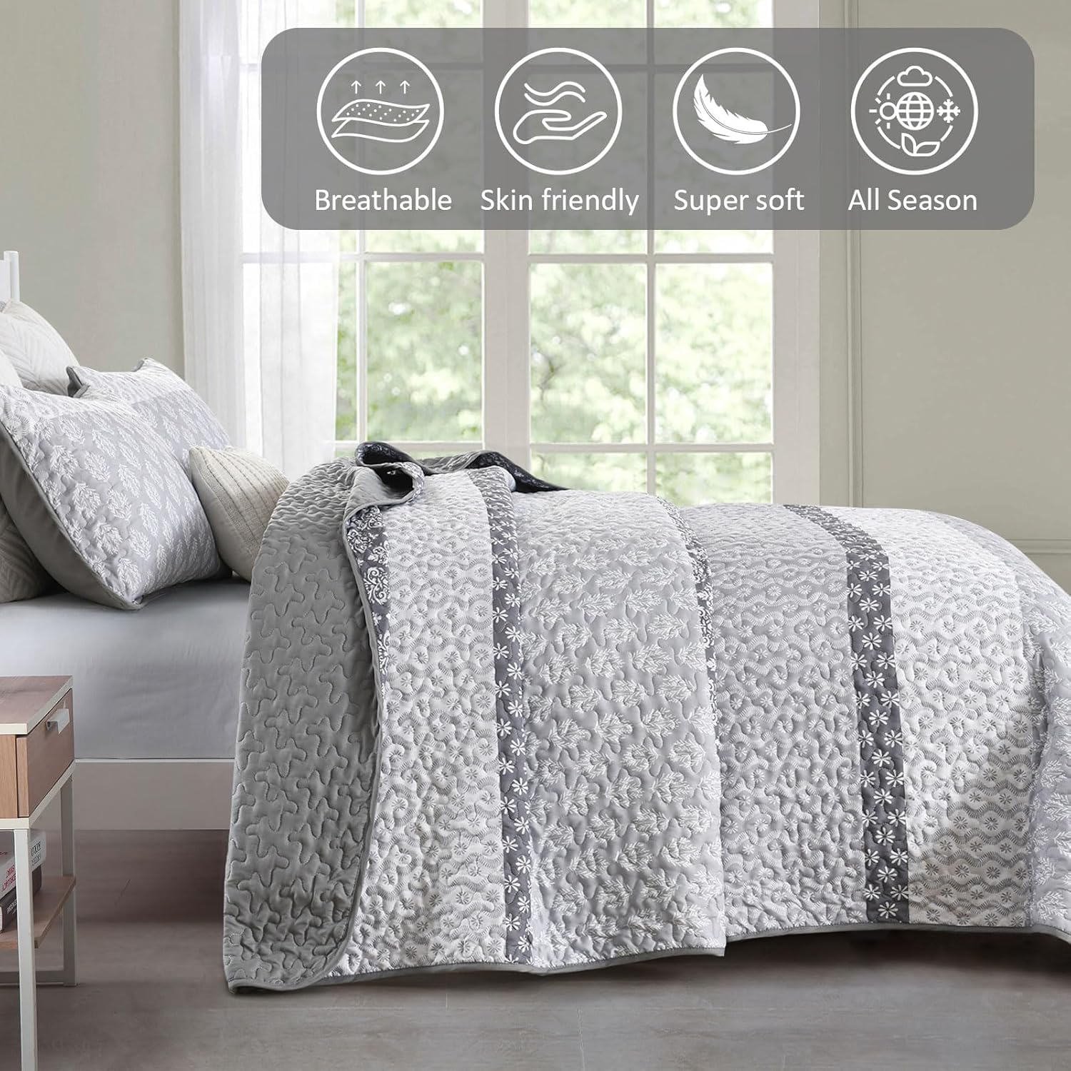 Boho Quilt Set Full Size Gray Striped Bedding 3 Pieces