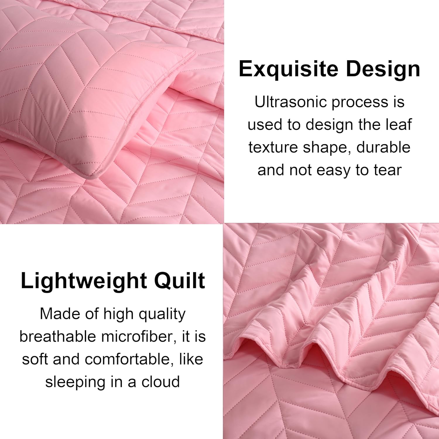 DOWNCOOL Pink Leaf Texture King Quilt Set 3PC