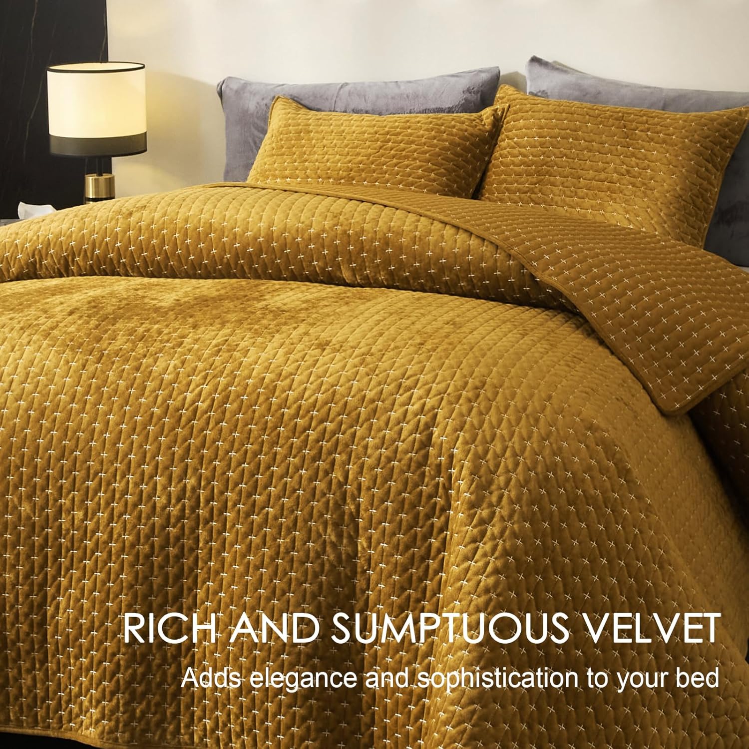Powdion Velvet Quilt Set King Size Gold Caramel
