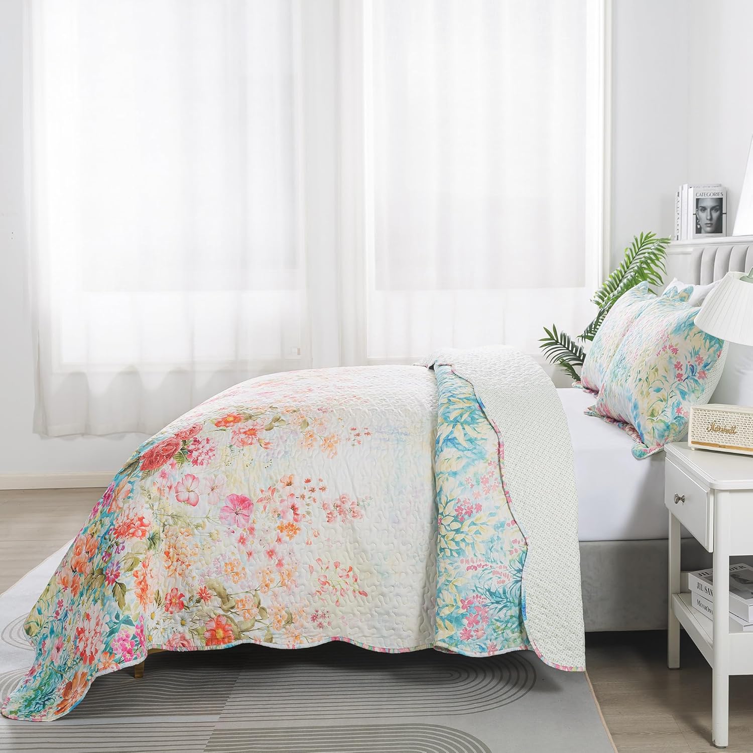 HoneiLife King Quilt Set - Floral Design Coral Pink