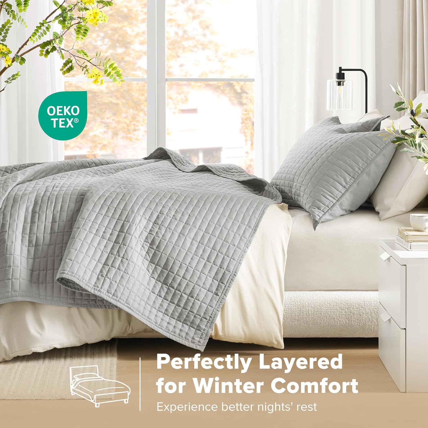 Comfort Spaces Kienna Quilt Set - Grey Lightweight Double Sided 3 Piece