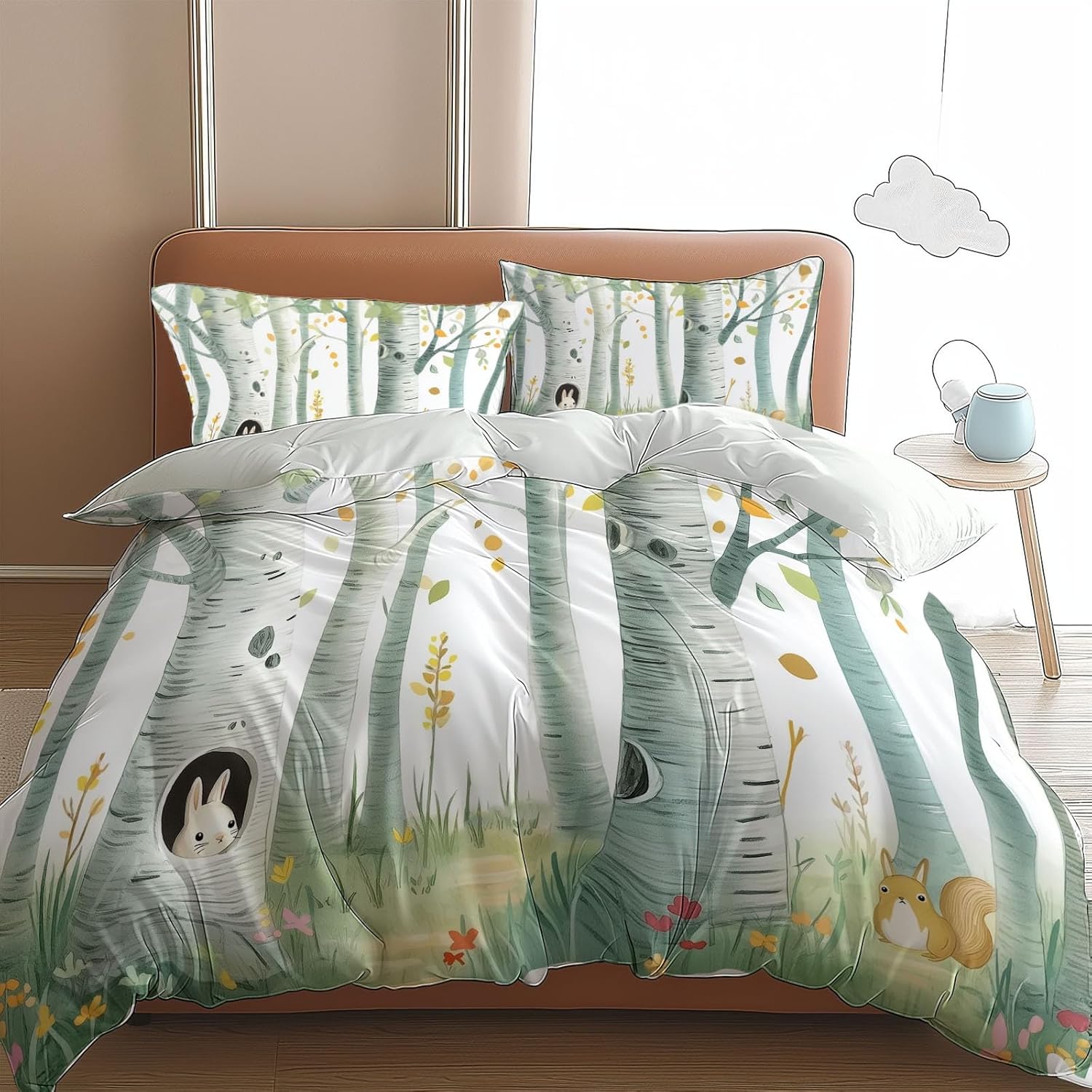 Cartoon Forest Birch Trees Duvet Cover Set