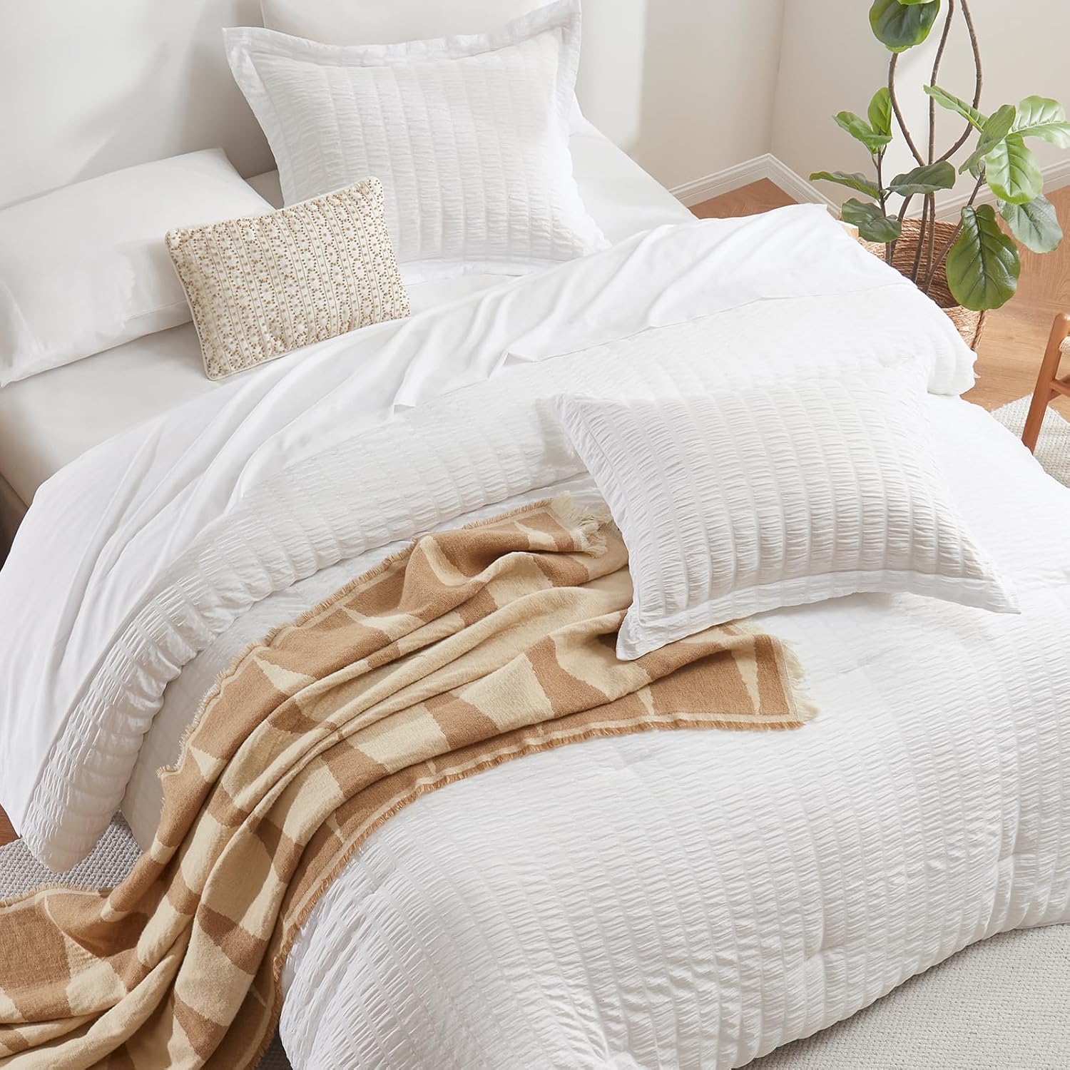 CozyLux White Seersucker King Comforter Set 7-Piece Bed in a Bag