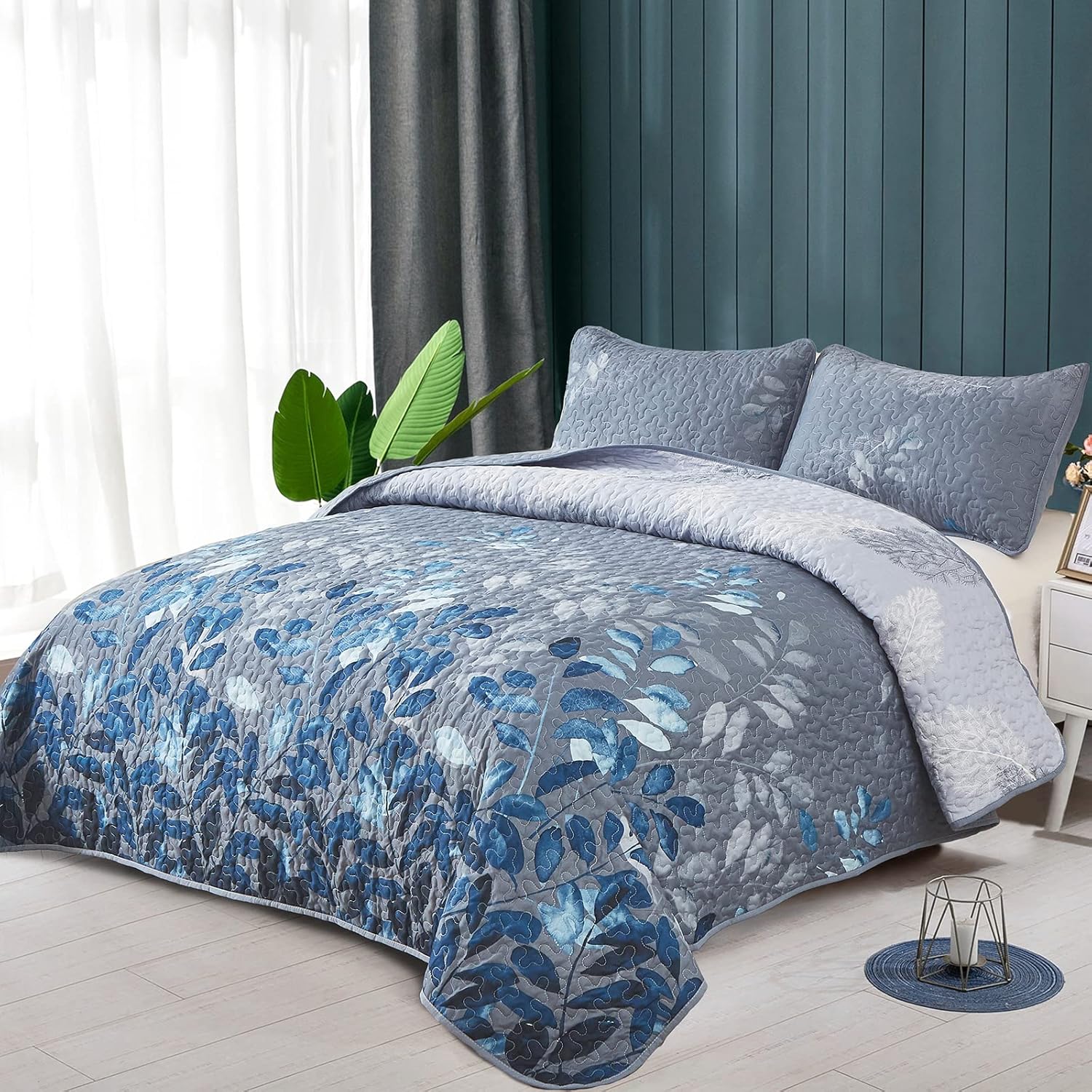 WONGS BEDDING Blue Floral Quilt Set King Size 3 Pieces