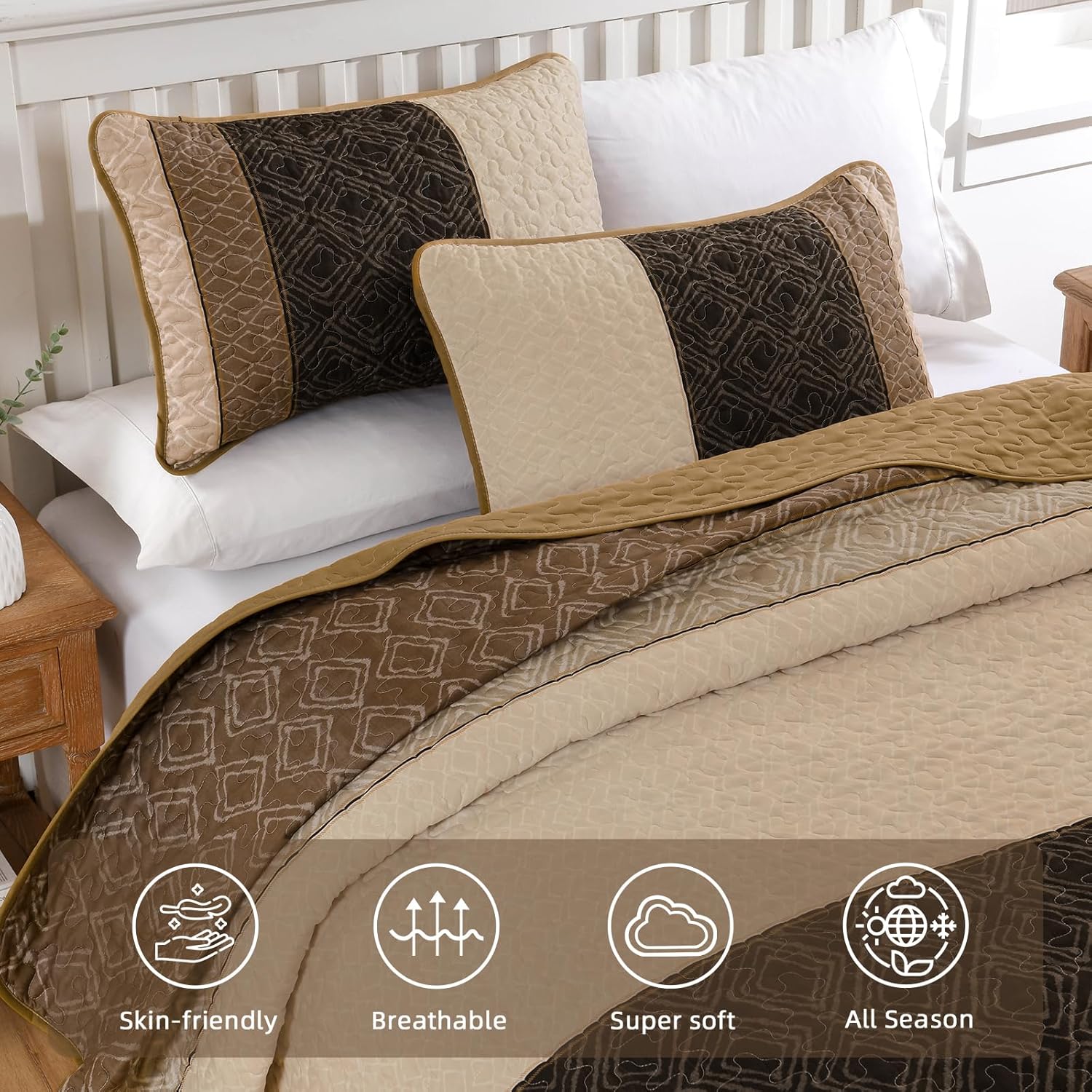 Boho Queen Quilt Set with 2 Pillow Shams Light Brown Microfiber Bedding Set
