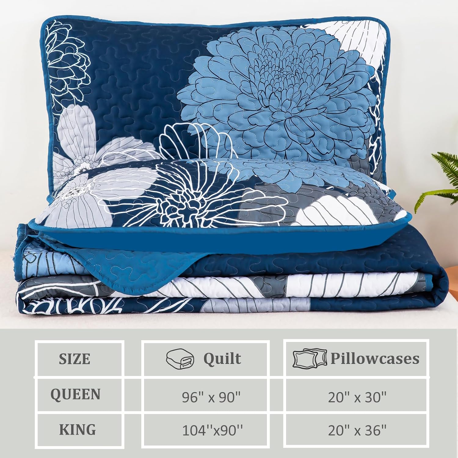 Anibedding 3 Piece Navy Blue Floral Quilt Set Queen Size