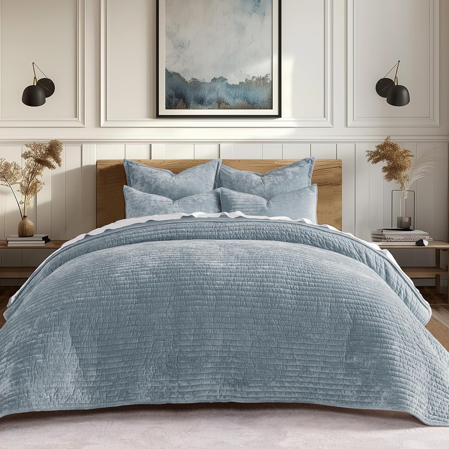 EVERGRACE Velvet Quilt Set - Dusty Blue King Size