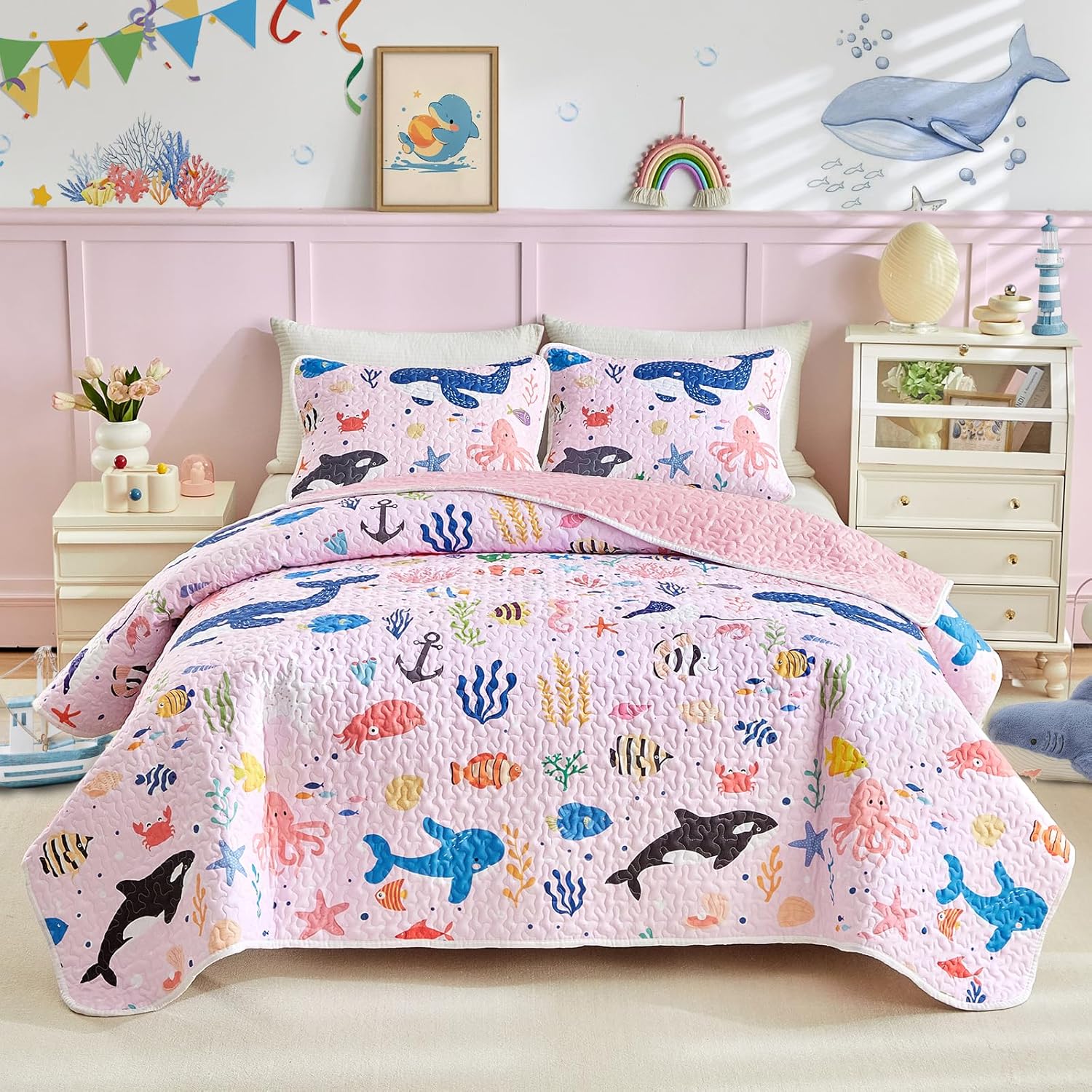 Joyreap 2-Piece Twin Size Cotton Quilt Set with Ocean Design
