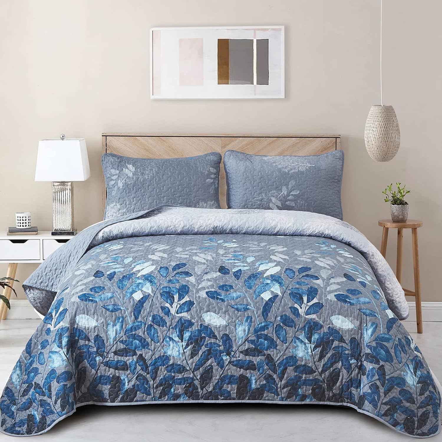 WONGS BEDDING Blue Floral Quilt Set King Size 3 Pieces