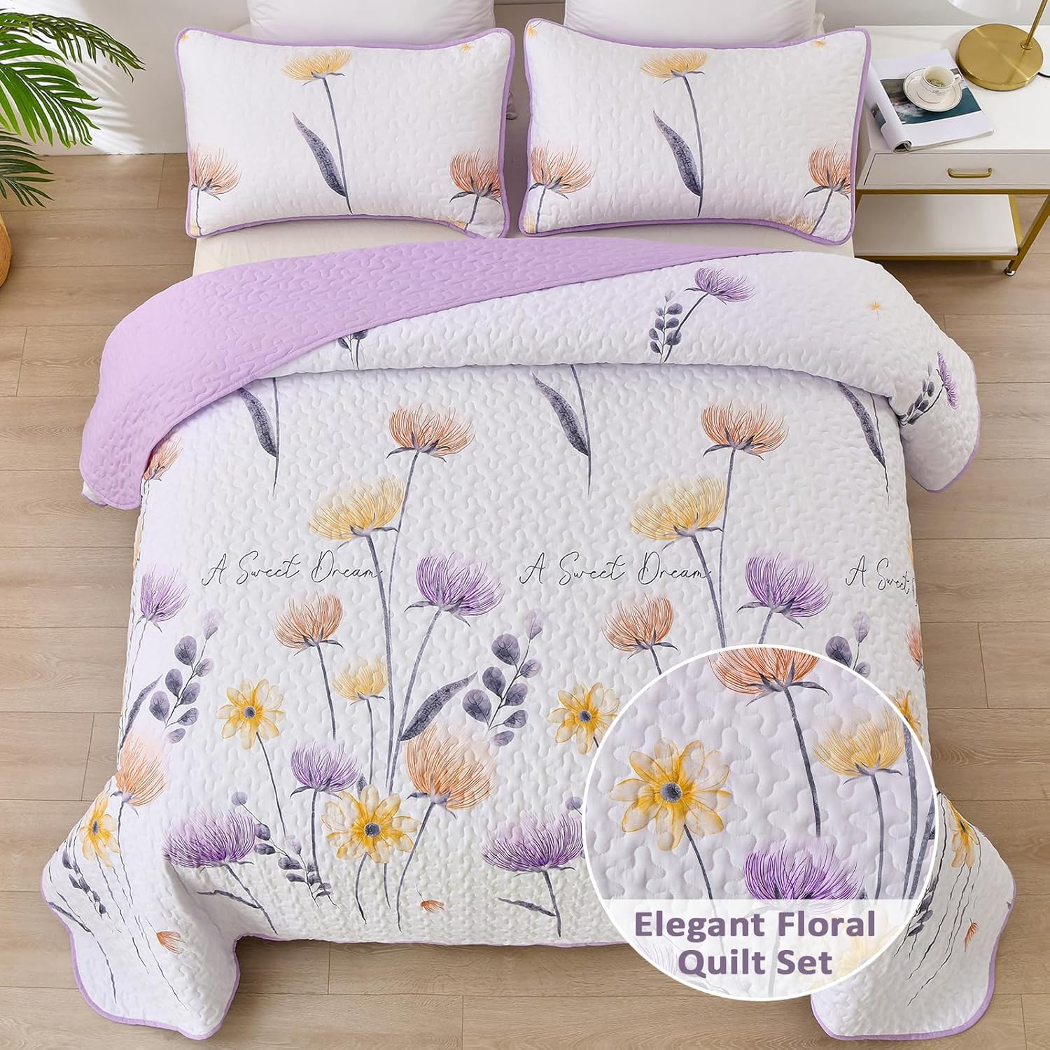 Dinjoy Floral Queen Quilt Set 3 Pieces