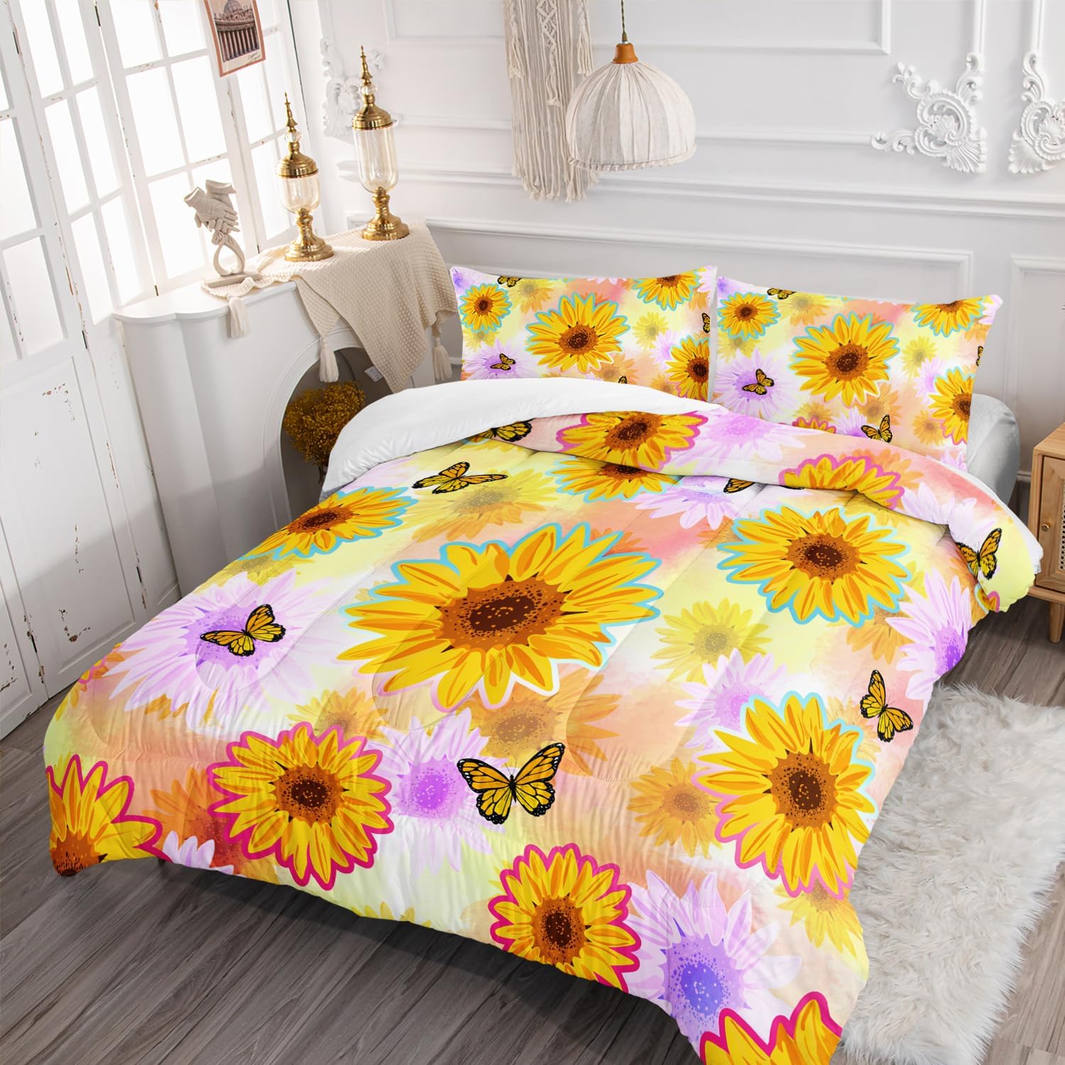 XYNHML Sunflower Butterfly Comforter Set Full Size Yellow Tie Dye