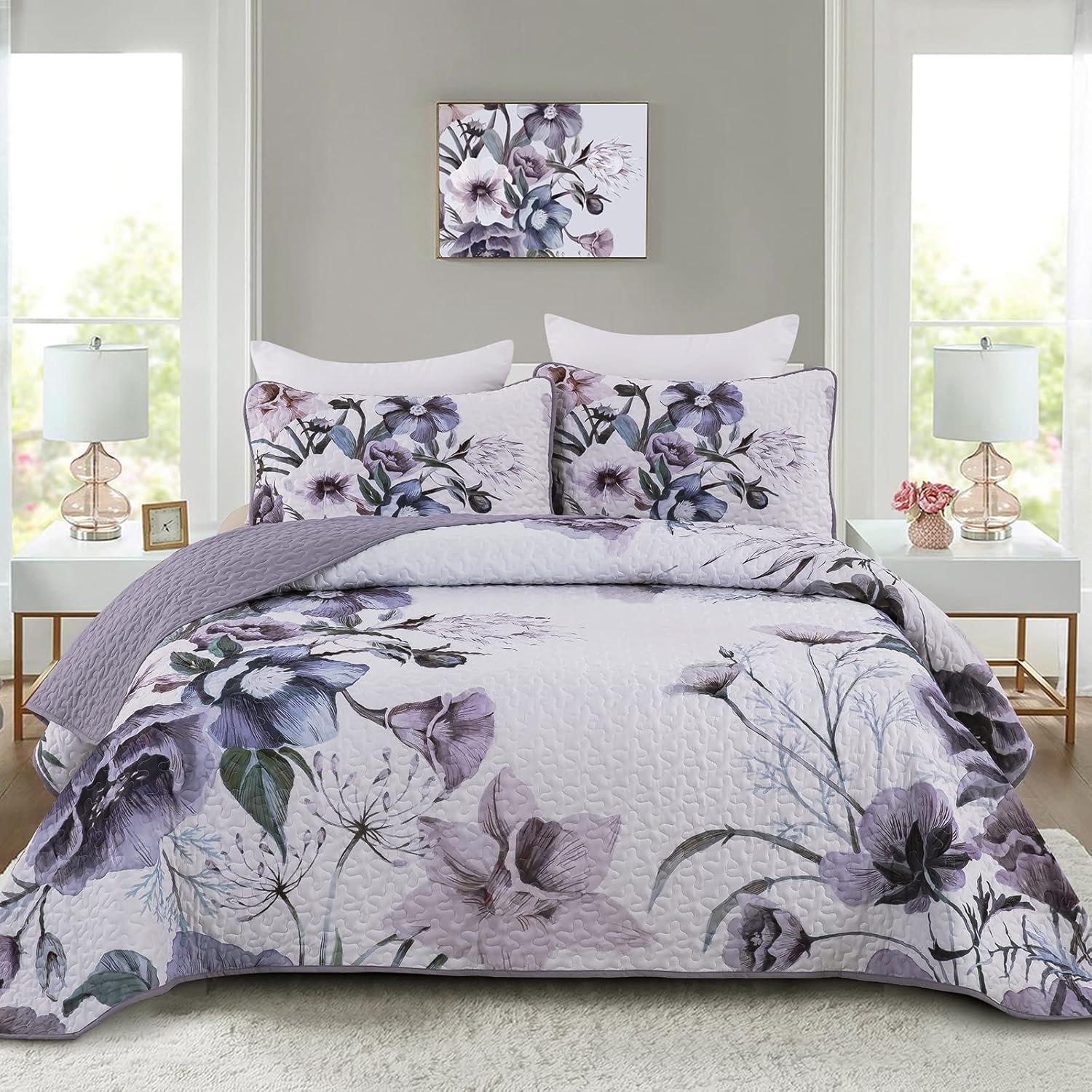 Drucon Purple Floral Quilt Set Queen 3 Pieces