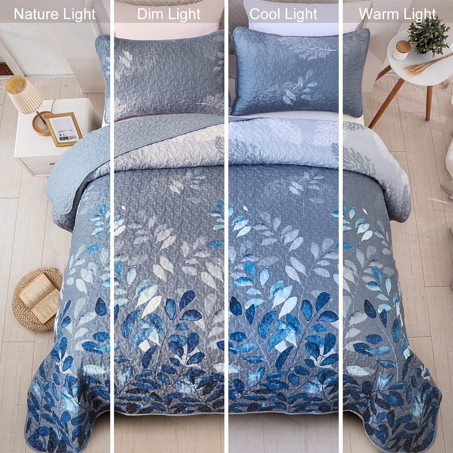 WONGS BEDDING Blue Floral Quilt Set King Size 3 Pieces