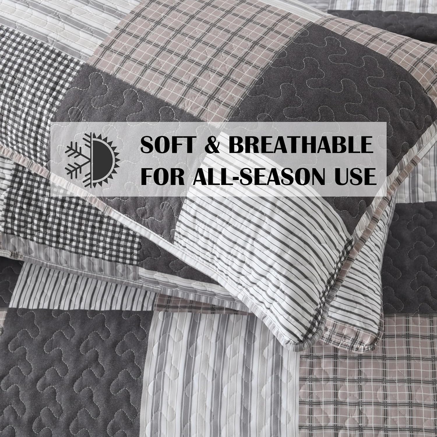 HIARUO 3PCS Queen Quilt Set with Plaid Patchwork and Pillow Covers