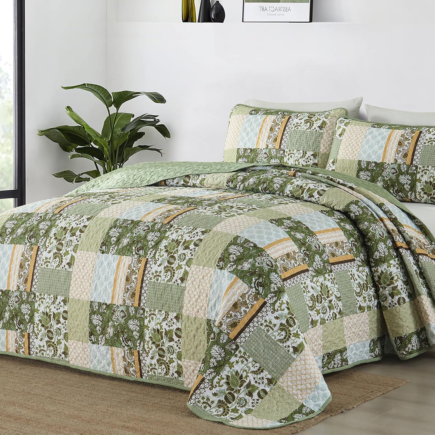 WONGS BEDDING 3-Piece Queen Quilt Set Green Plaid