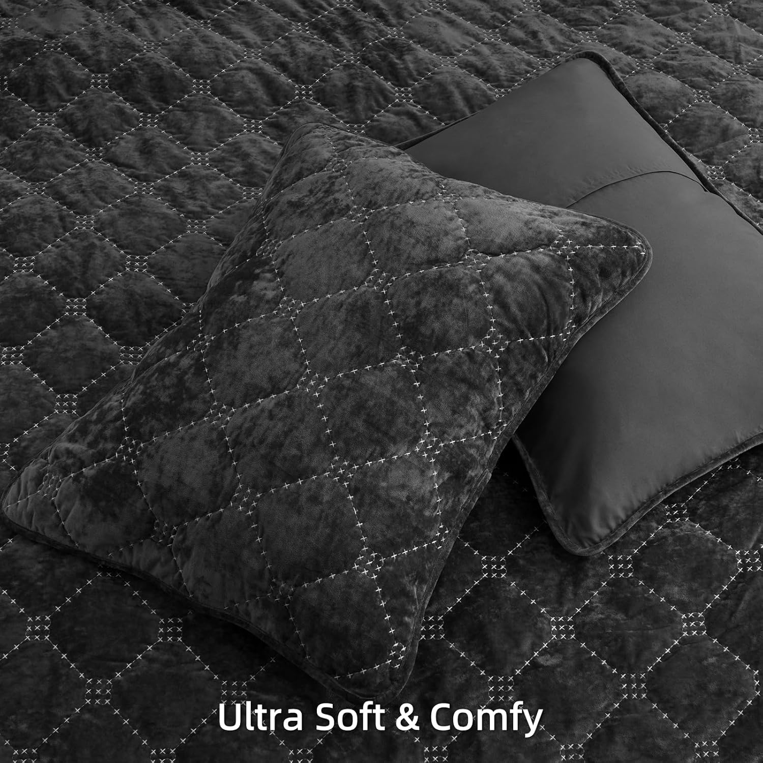 PHF Luxury Velvet Quilt Set King Size Black