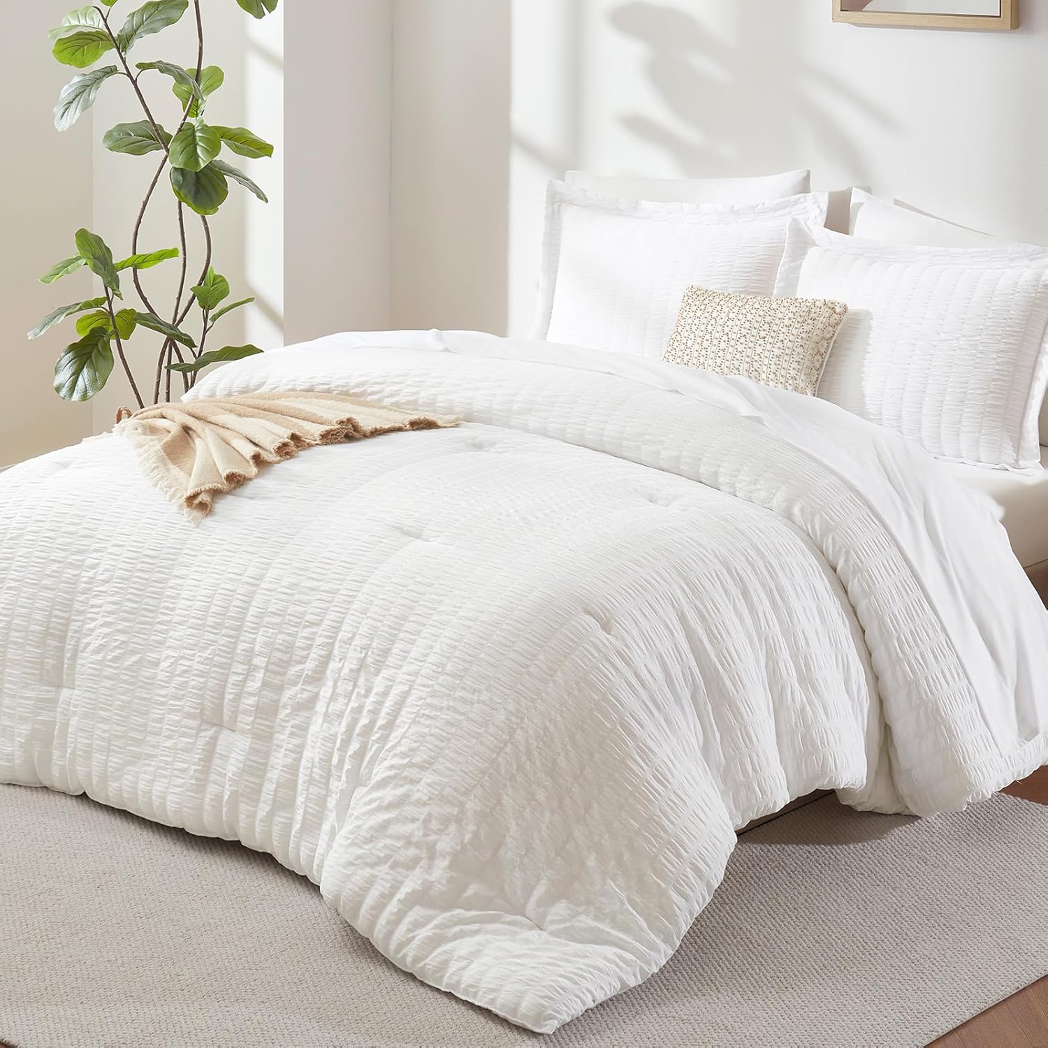 CozyLux White Seersucker King Comforter Set 7-Piece Bed in a Bag
