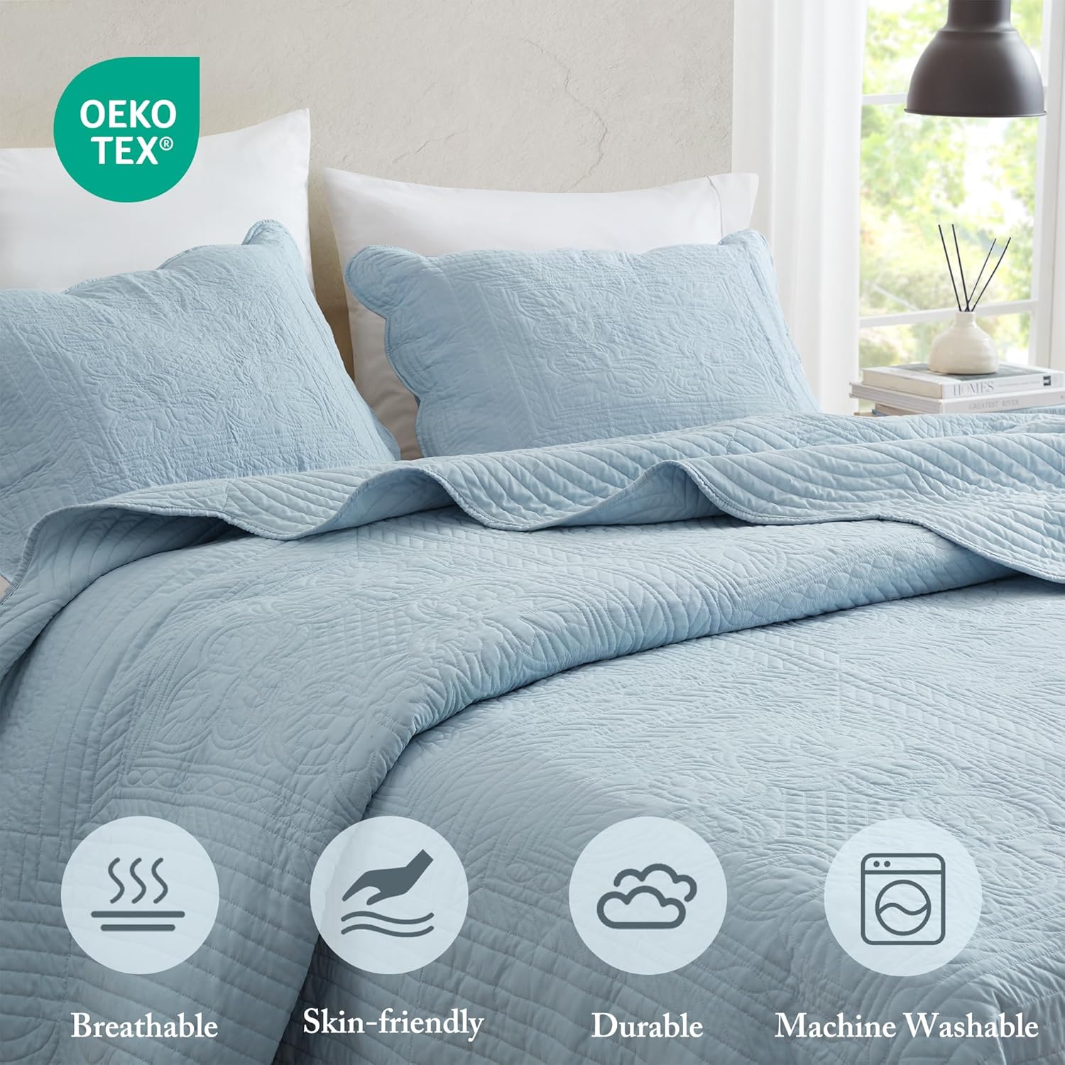 Madison Park King Quilt Set with Damask Coverlet Scallop Edge