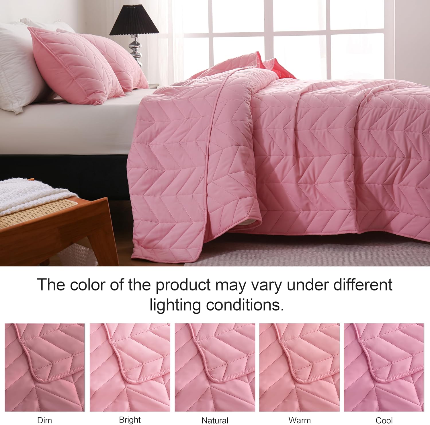DOWNCOOL Pink Leaf Texture King Quilt Set 3PC