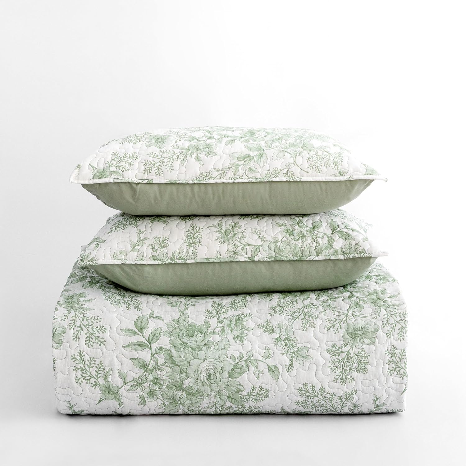 Wonderful Sage Green Floral Reversible Quilt Set Queen Size